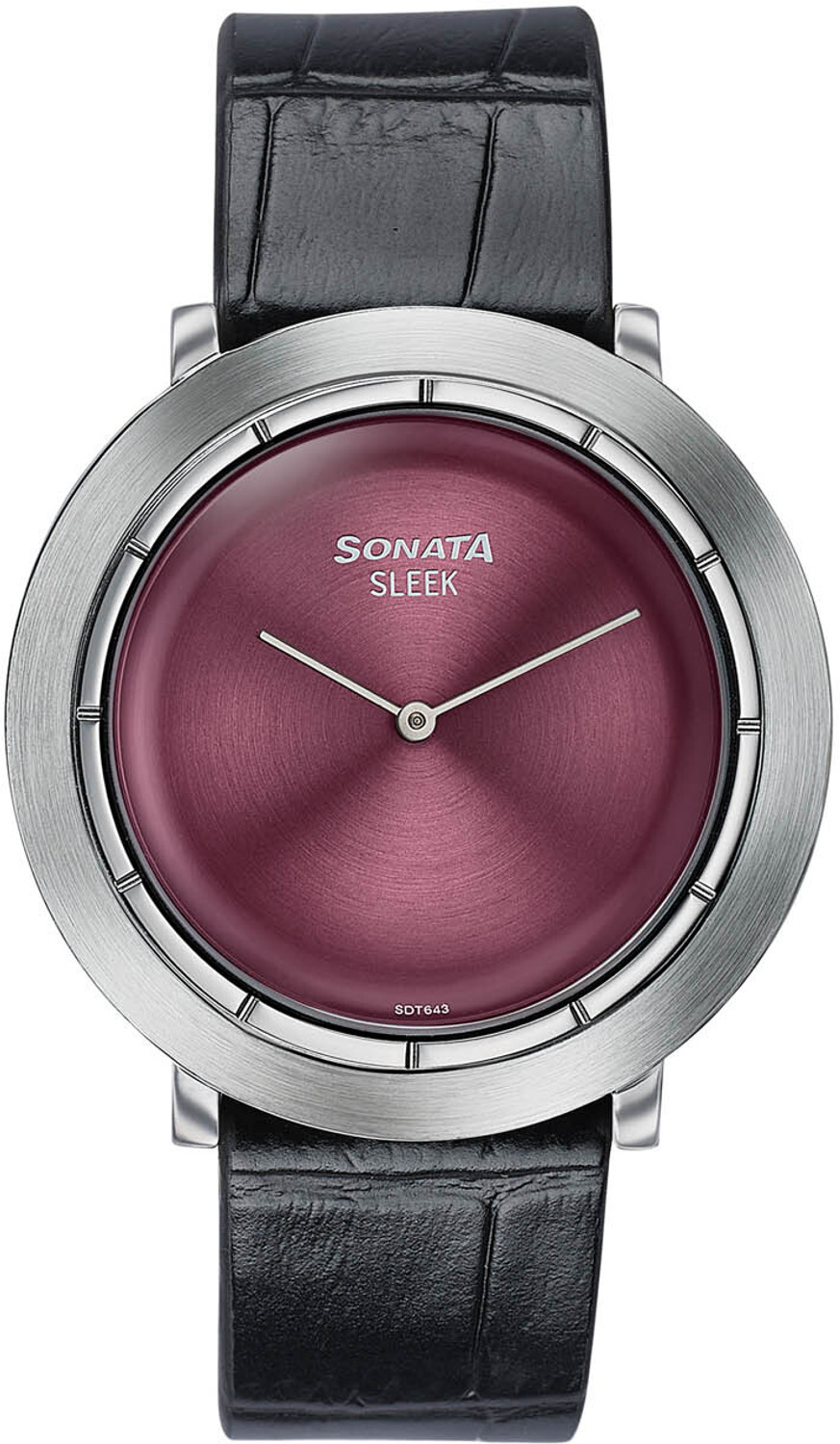 Image of SONATA Sleek 7.0 Quartz 2 Hand Burgundy Dial Black Leather Strap Analog Watch - For Men 7159SL02