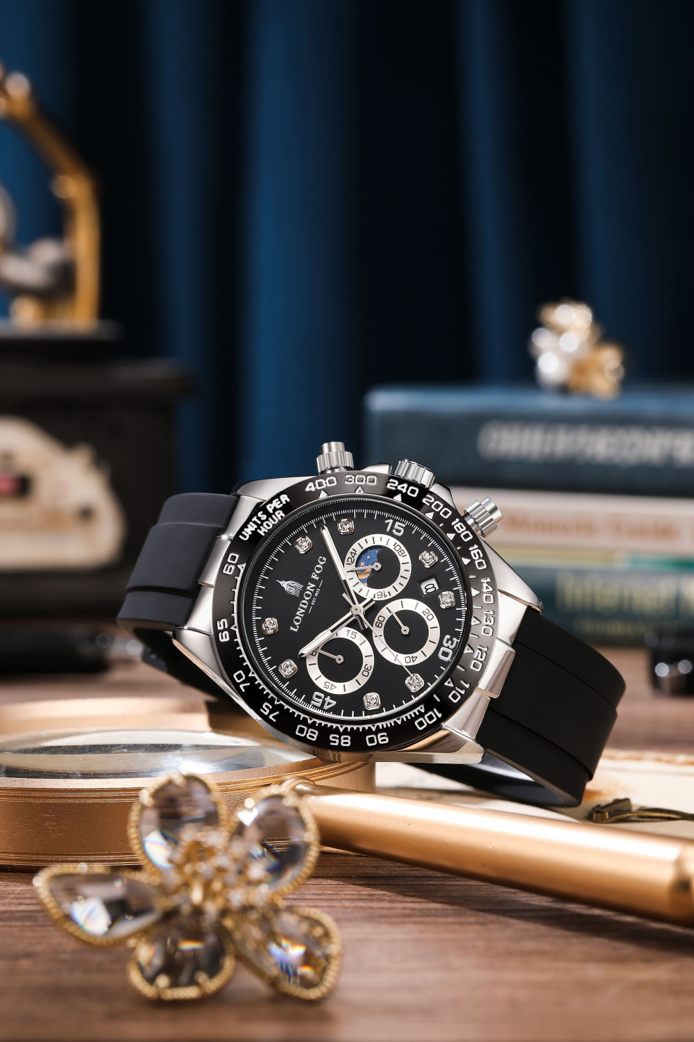 Image of London Fog Black Dial and Silicone Strap, Metal Case Tachymeter Bezel, Chronograph Function Bond Collection Black Dial Silicone Strap Tachymeter Bezel Chronograph Function Analog Watch - For Men