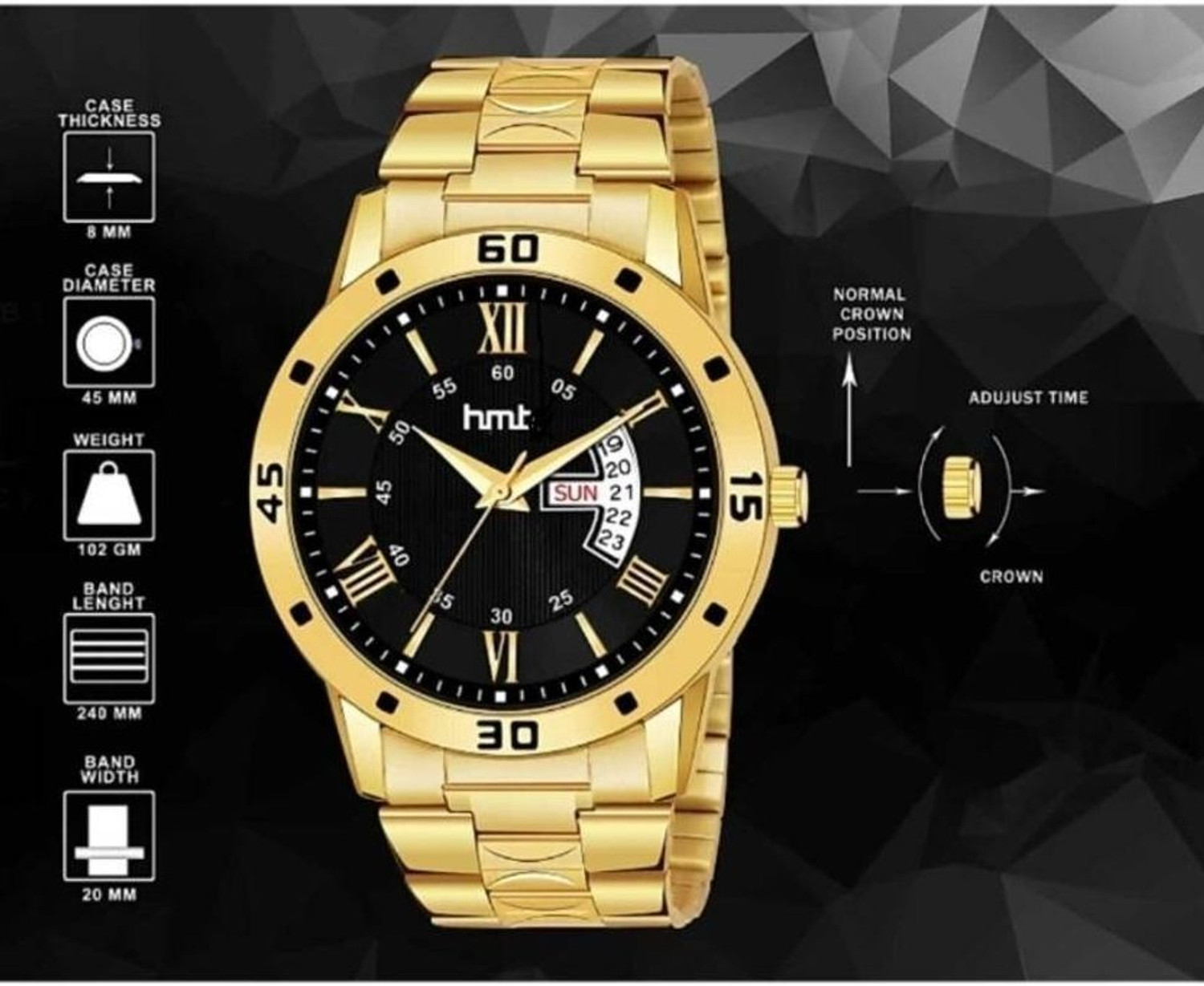 Image of HMT DLX GP Black Roman Golden Black Roman Dail GP With Day & Date Feature Analog Watch - For Men