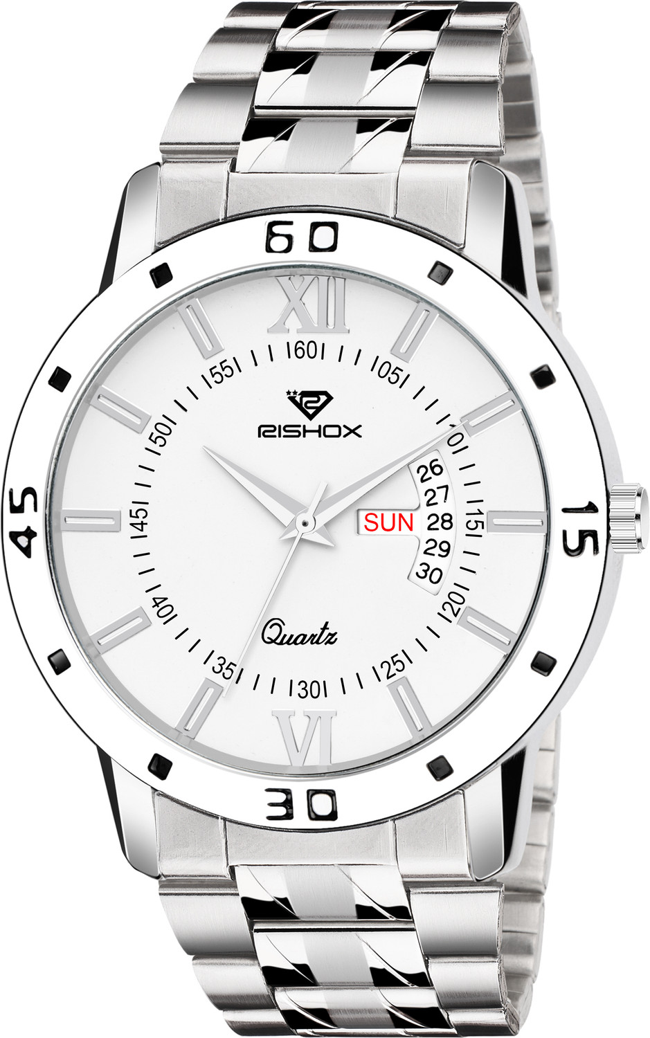 Image of Rishox Men White Day & Date Stainless Steel Classy look premium quality wrist Analog Watch - For Men RX-10010