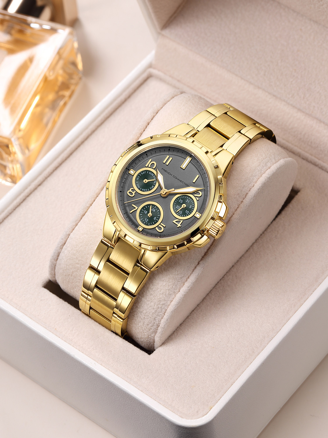 Image of French Connection Men Business Casual Dress Watch Luminous Date Wristwatches Grey Embossed Round Dial | Gold Stainless Steel Chronograph Watch for Women Analog Watch - For Women