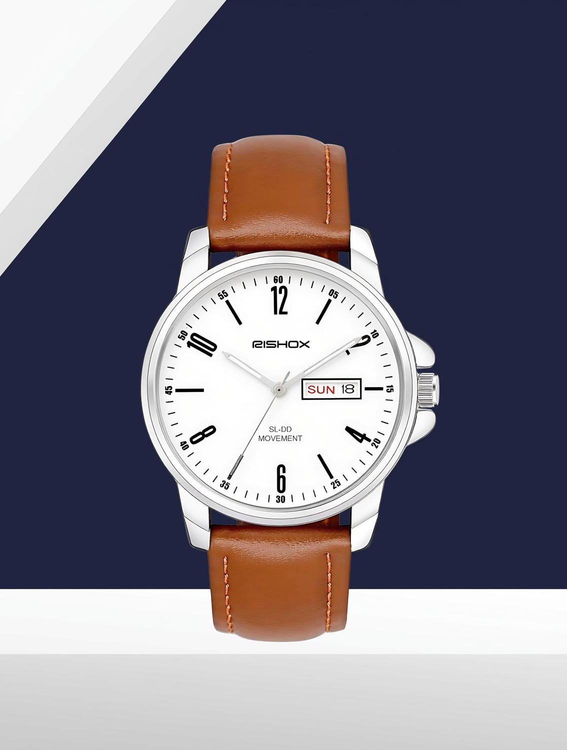 Image of Rishox New Track Number Dial, Day & Date, Brown Leather Strap Analog Watch Analog Watch - For Men RX-100RXG