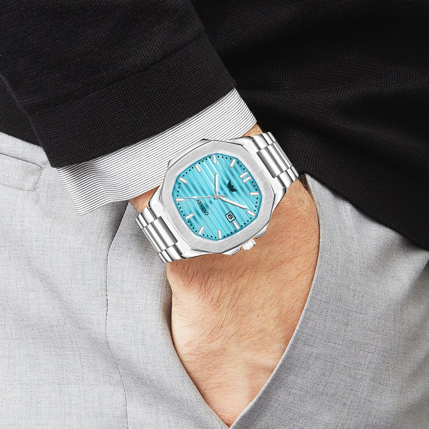 Image of ABREXO Abx7000- Silver + C2 Silver Chain & Bracelet Skyblue Dial Date Working Watch With Designer Chain & Bracelet Combo for Boys Analog Watch - For Men