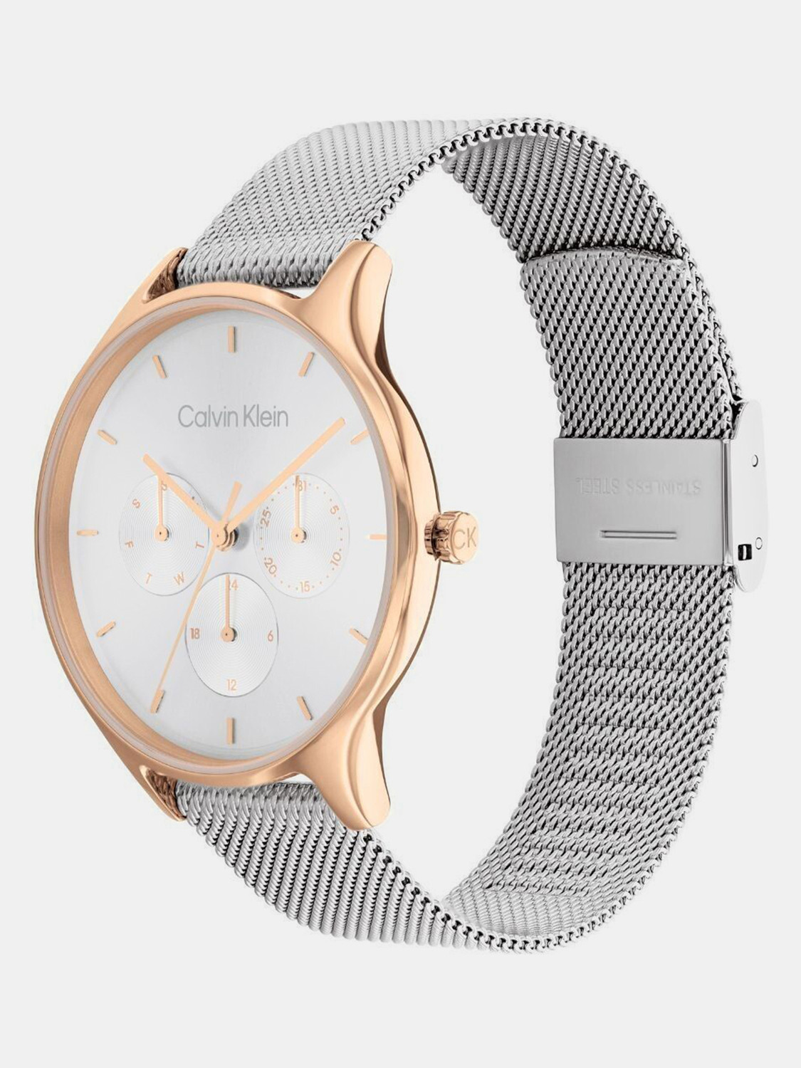 Image of Calvin Klein Timeless Mesh Mf Timeless Mesh Mf Silver White Round Dial Analog Watch - For Women