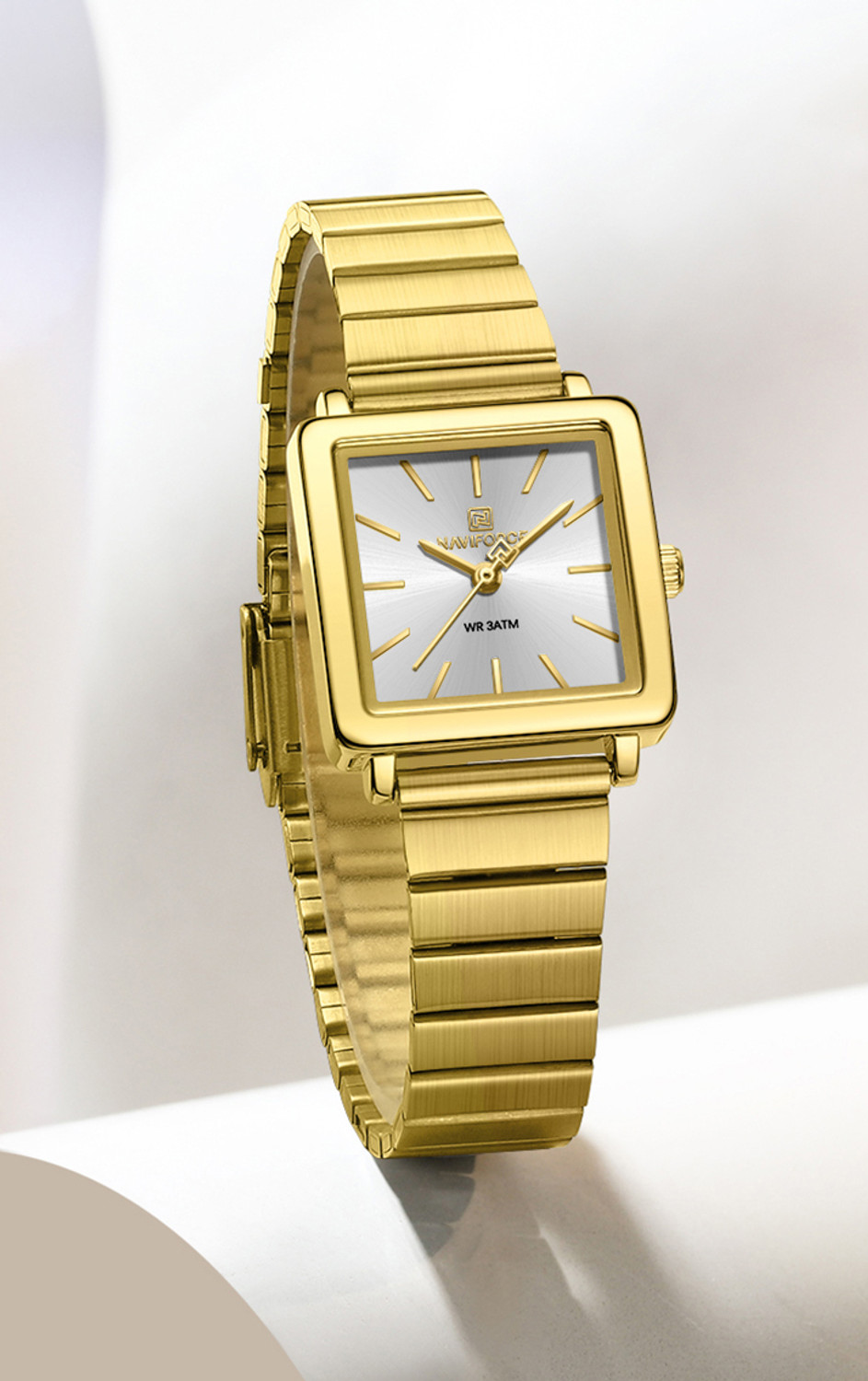 Image of NAVIFORCE NF5048 Modern White sunburst pattern square dial with gold Strap Analog Watch - For Women