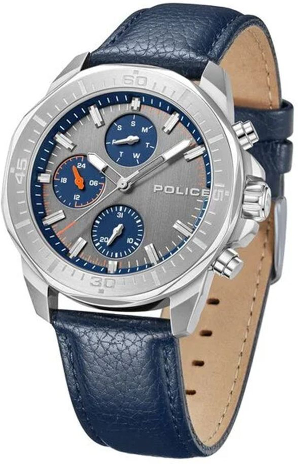 Image of Police Police Quartz Multifunction Grey Dial Blue Leather Strap Analog Watch - For Men