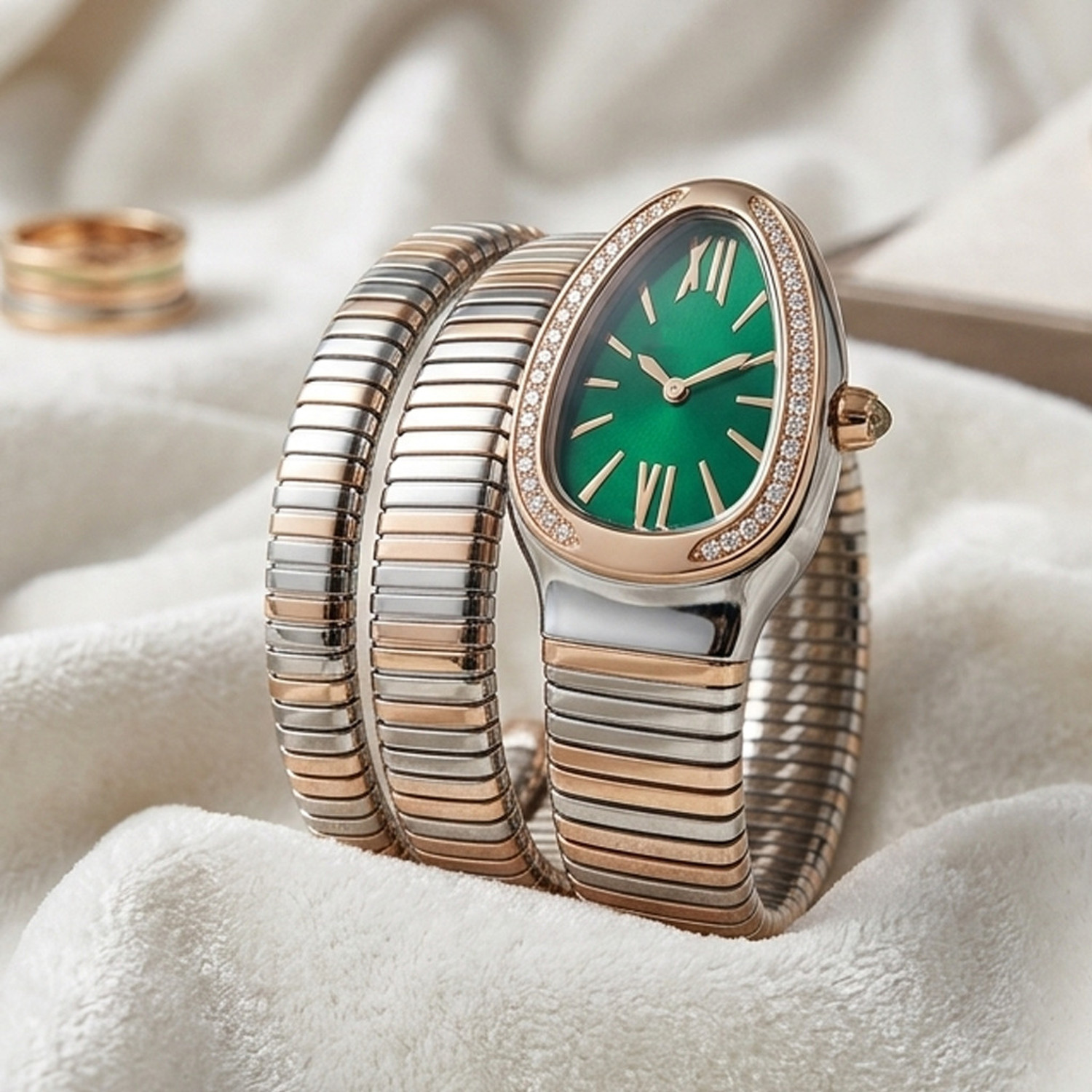 Image of WiseWalker WiseWalker Luxury Tri-Tone Snake Head Dial with Coiled Stainless Steel Bracelet Analog Watch - For Women