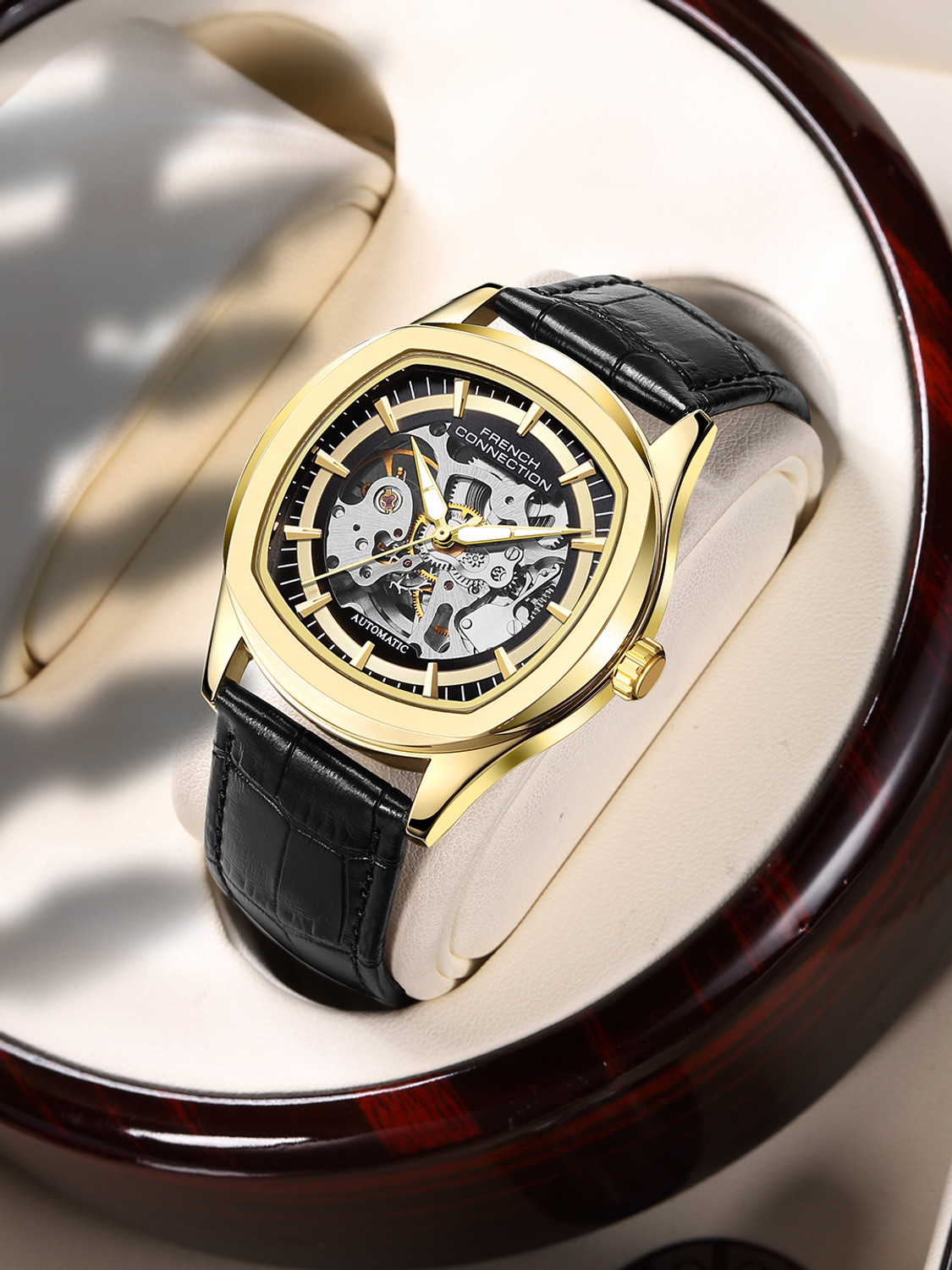 Image of French Connection Black Skeleton Round Dial | Black Leather Automatic Watch for Men Analog Watch - For Men