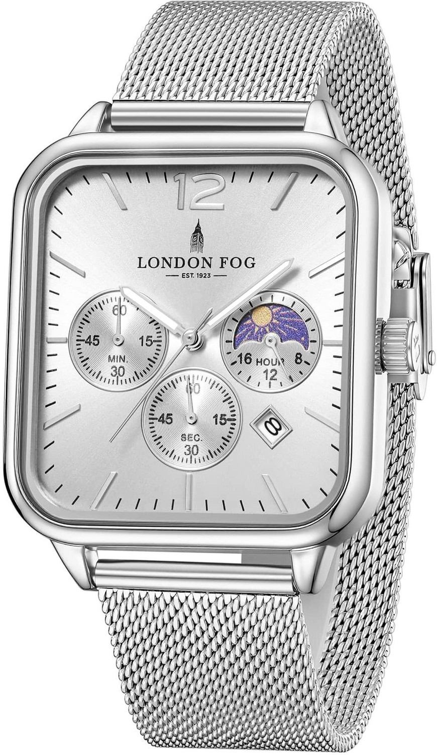 Image of London Fog Silver Dial Silver Stainless Steel Mesh Strap Moon Phase Display Decorative Sub Hampstead Collection Silver Dial Silver Mesh Strap Moon Phase Decorative Sub Analog Watch - For Men