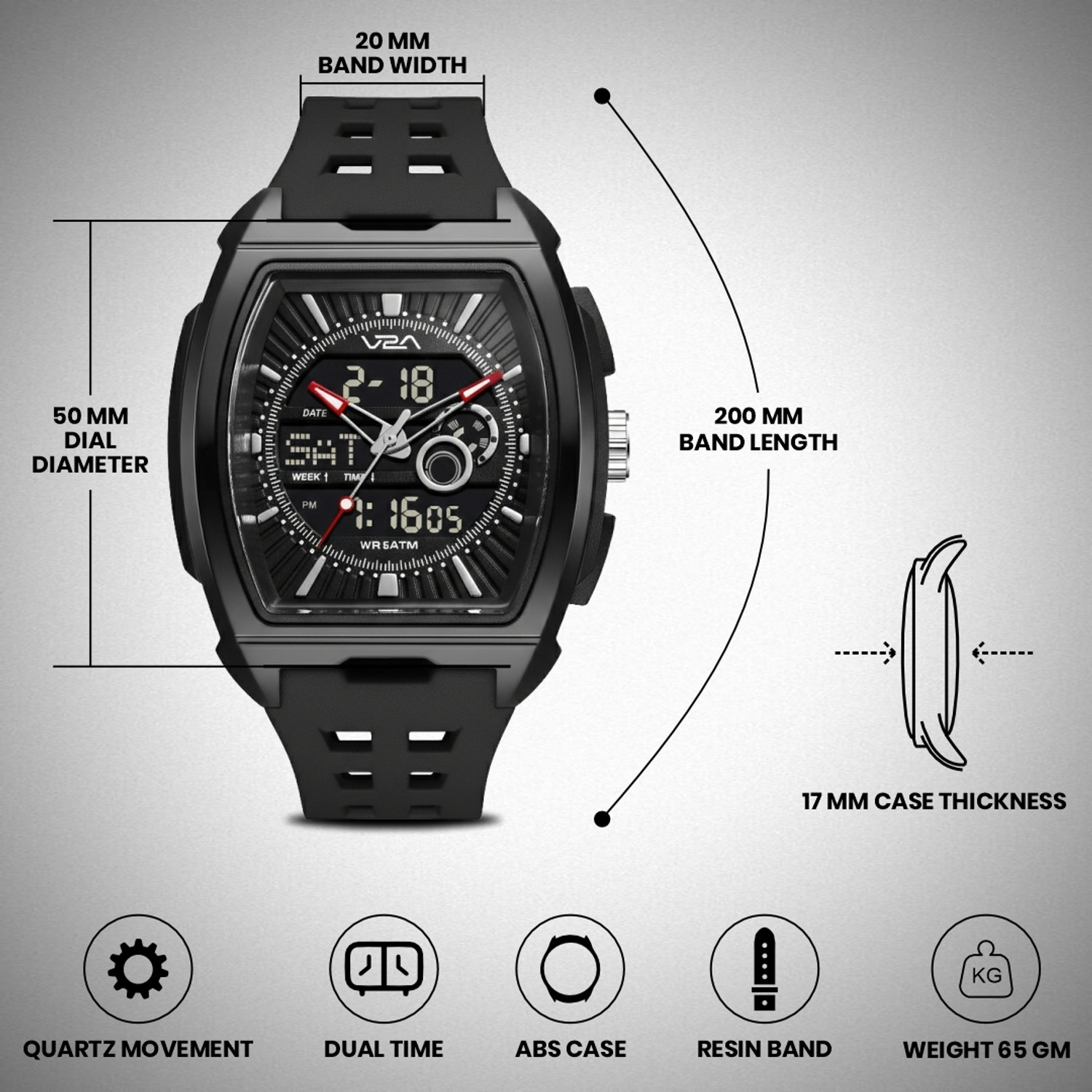 Image of V2A V2A Impact 50mm Analog Digital Watch for Men | Tonneau Sports Case Design V2A Impact 50mm Analog Digital Watch for Men | Tonneau Sports Case Design Analog-Digital Watch - For Men