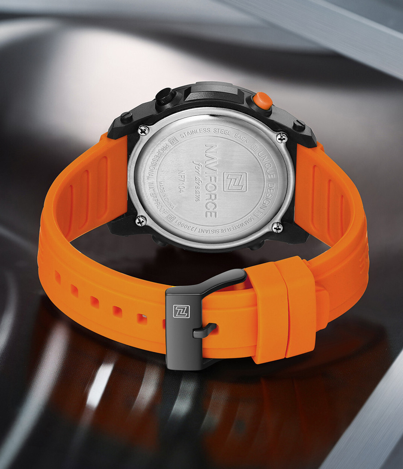 Image of NAVIFORCE NF7104 B /O Orange silicone light weight strap multi-function round dial Digital Watch - For Men