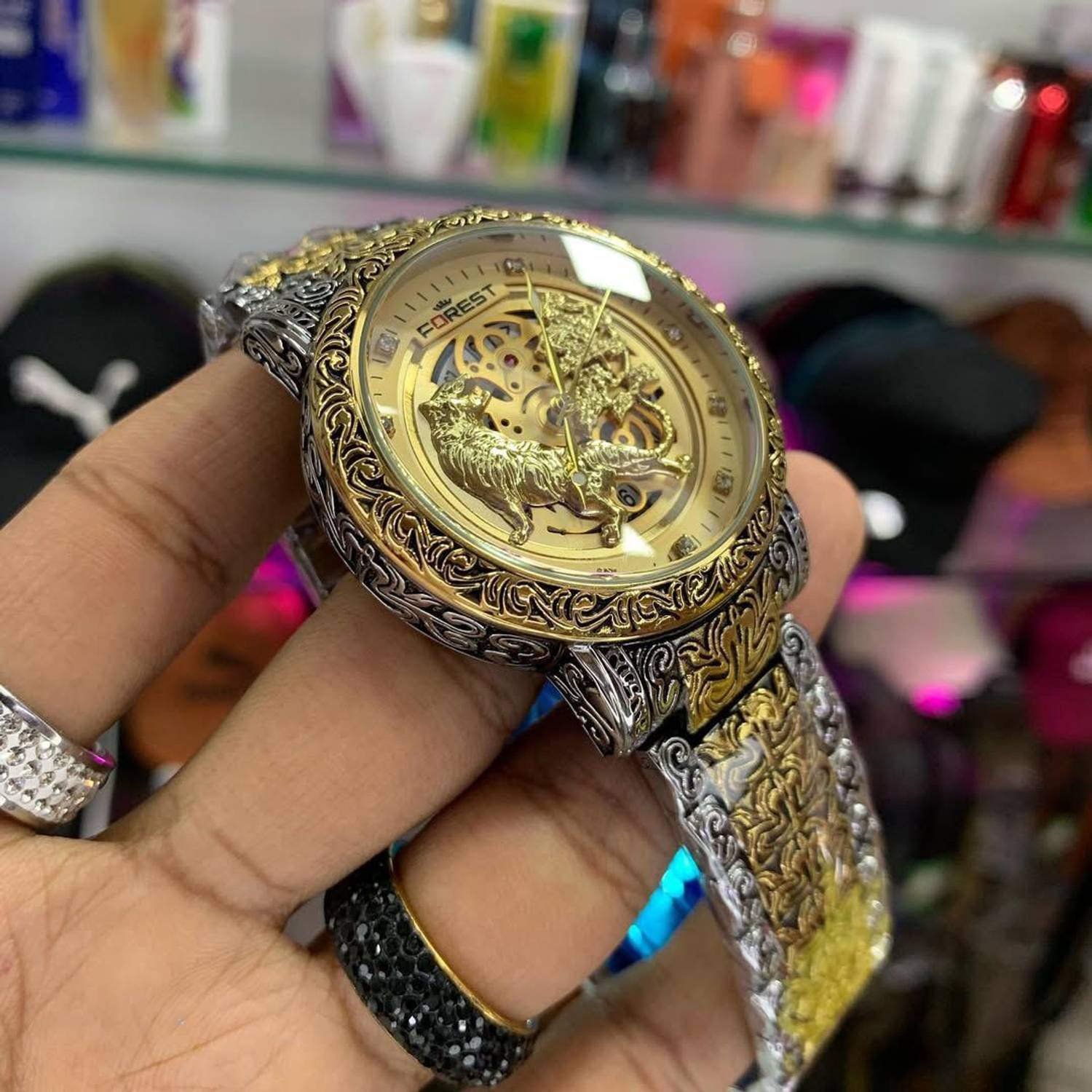 BLESS N°80 Sleeveliner .Ancient Forest ELEVATE Antique luxury lion FOREST curved golden dial bracelet