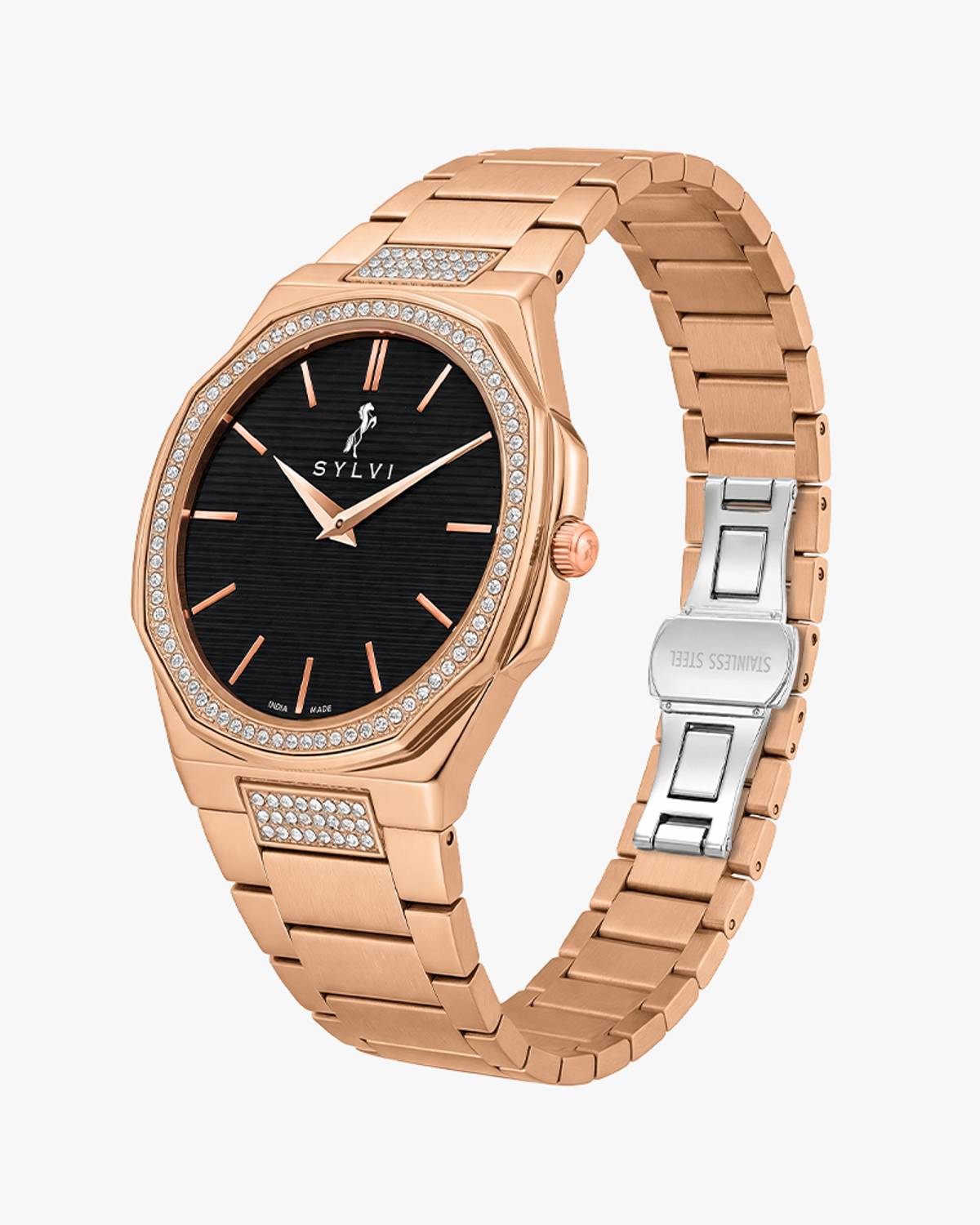 Sylvi Blade-Crystal Black Rose Gold Steel Men's Watch - Image 4