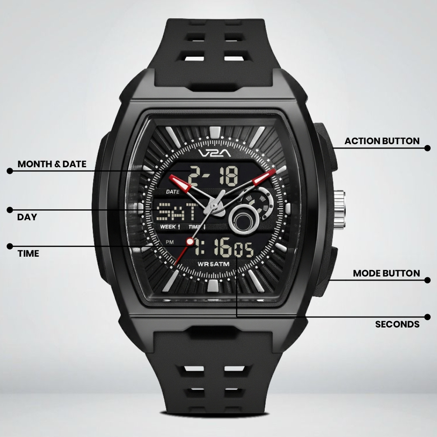 Image of V2A V2A Impact 50mm Analog Digital Watch for Men | Tonneau Sports Case Design V2A Impact 50mm Analog Digital Watch for Men | Tonneau Sports Case Design Analog-Digital Watch - For Men