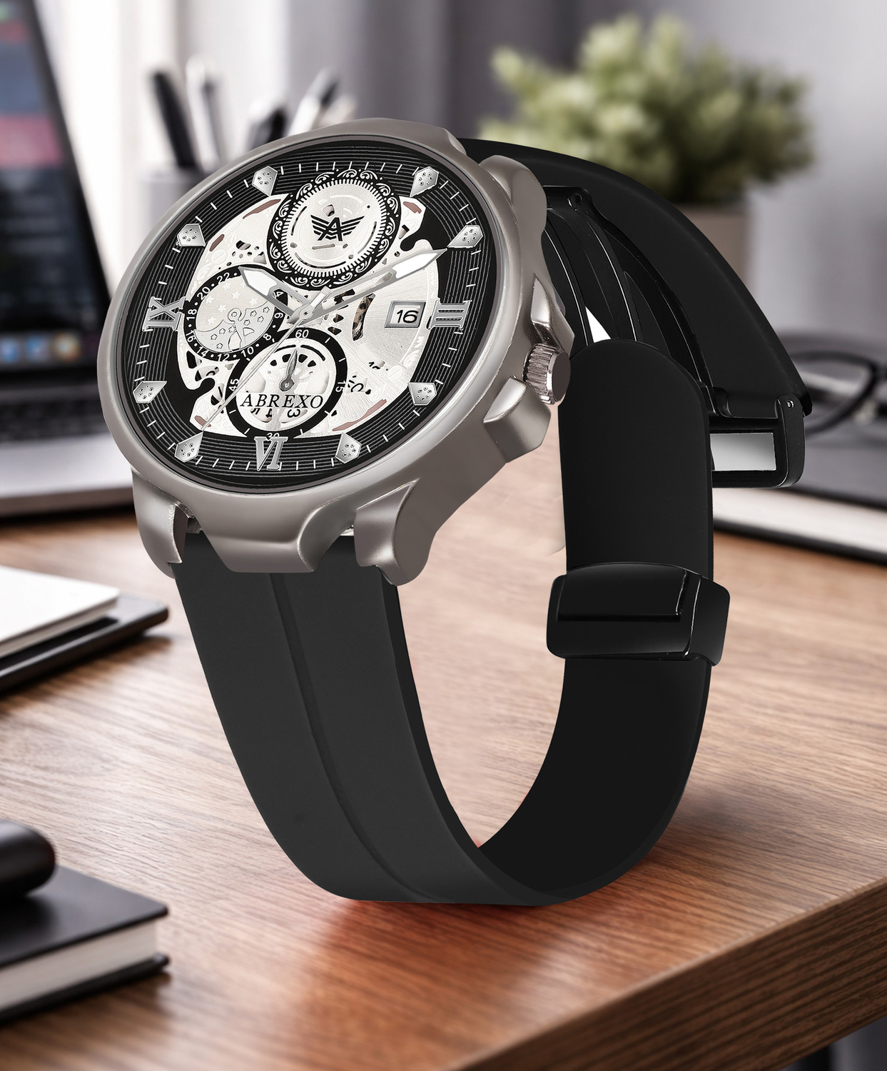 Image of ABREXO Ab8341-BK ARB MGT ST Chronograph Look Gun Metal Date Working Black Arabic Magnet Strap Watch For Boys Analog Watch - For Men