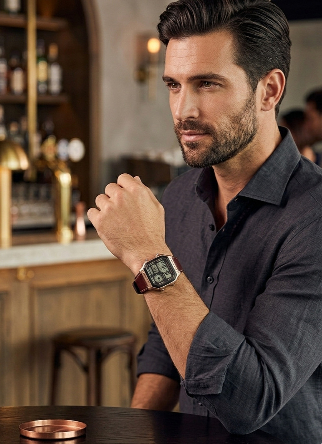 Image of ThetimeTravels New world brown lether New world map brown lether Digital Watch - For Men