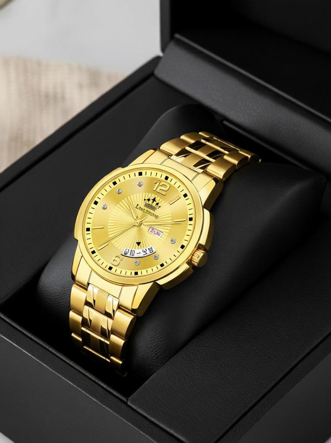 Image of LIMESTONE Day & Date Original HMTS Gold Plated Adjsutable HMTS Bracelet Quartz Analog Watch - For Men