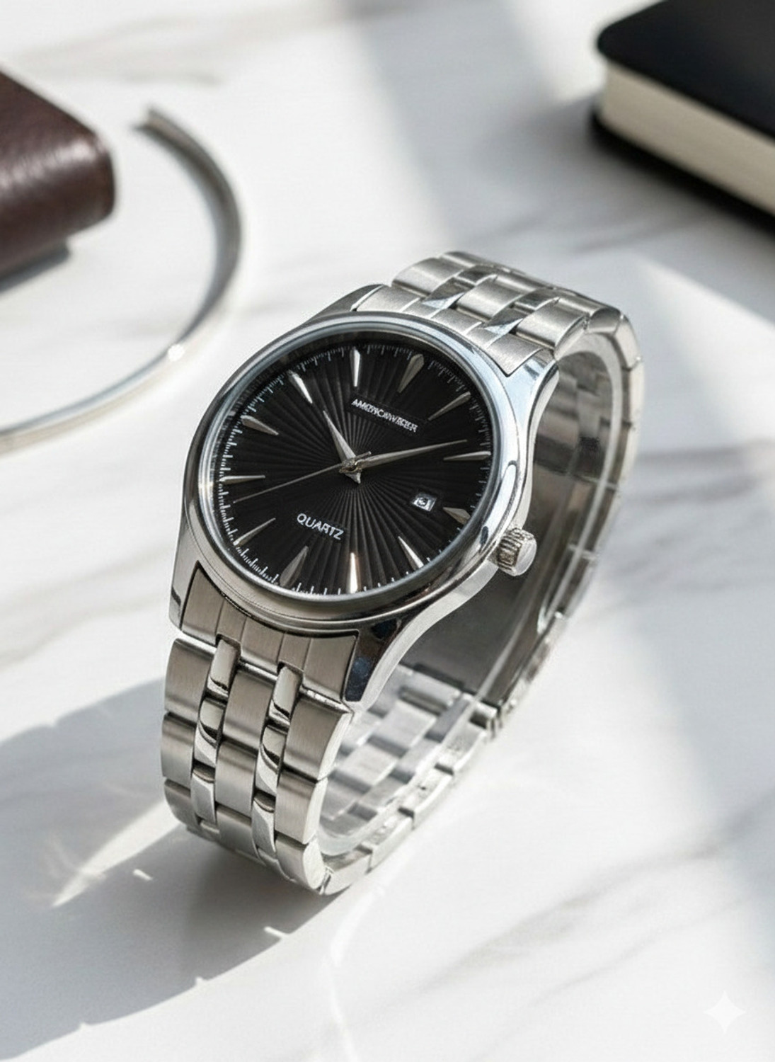 Image of Americanviber AVM0045 Round Dial Stainless Steel Belt Watch with Date Function Analog Watch - For Men