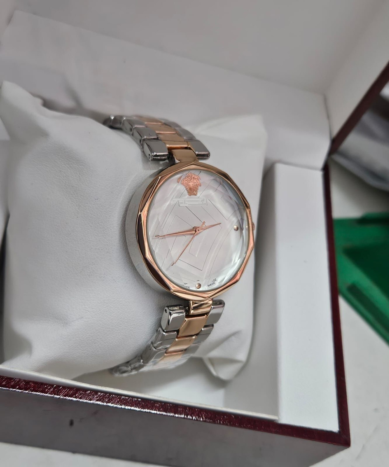 Image of faxon Women's Rose Gold Analog Watch with Diamond Studded Bezel Elegant Bracelet Strap with Minimal Dial Design Analog Watch - For Women