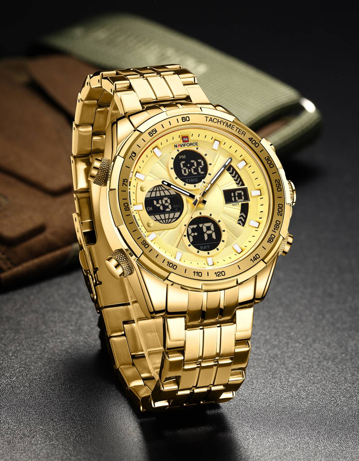 Alix Luxurious sports Chronograph premium multifunctional stainless steel Full gold Analog-Digital Watch - For Men