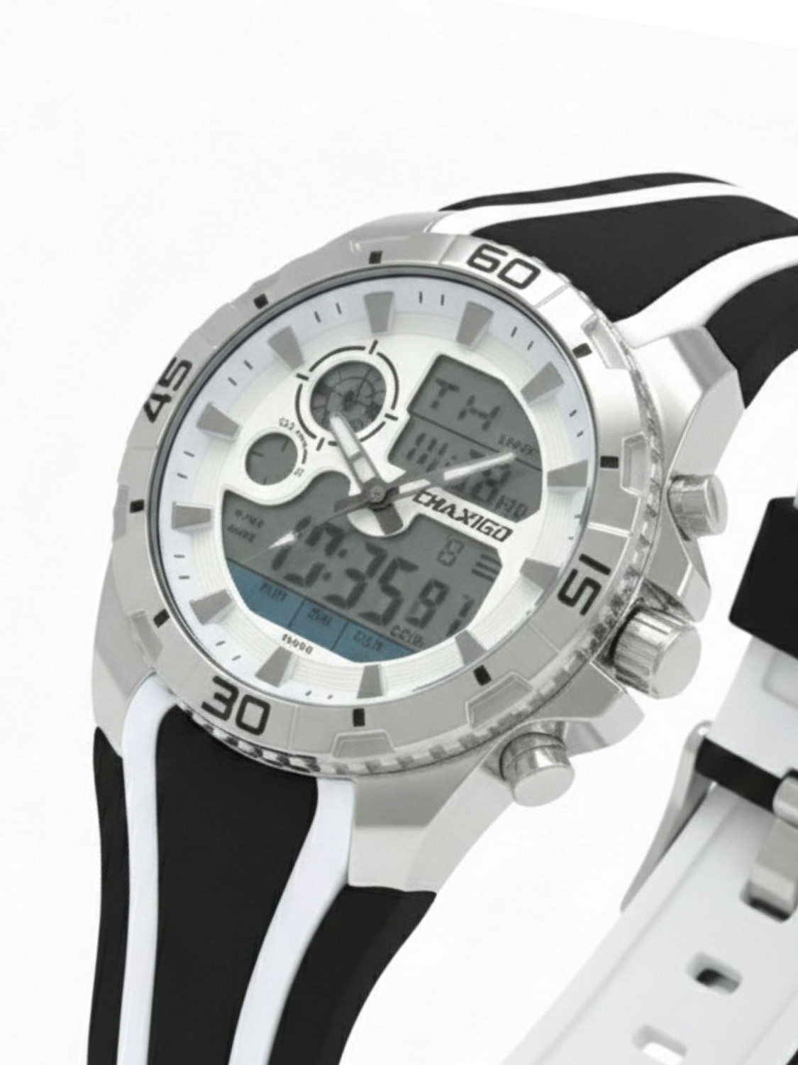 Image of Chaxigo Stylish Multi-functional White Dial White-Black Silicone Strap Analog-Digital Watch - For Men