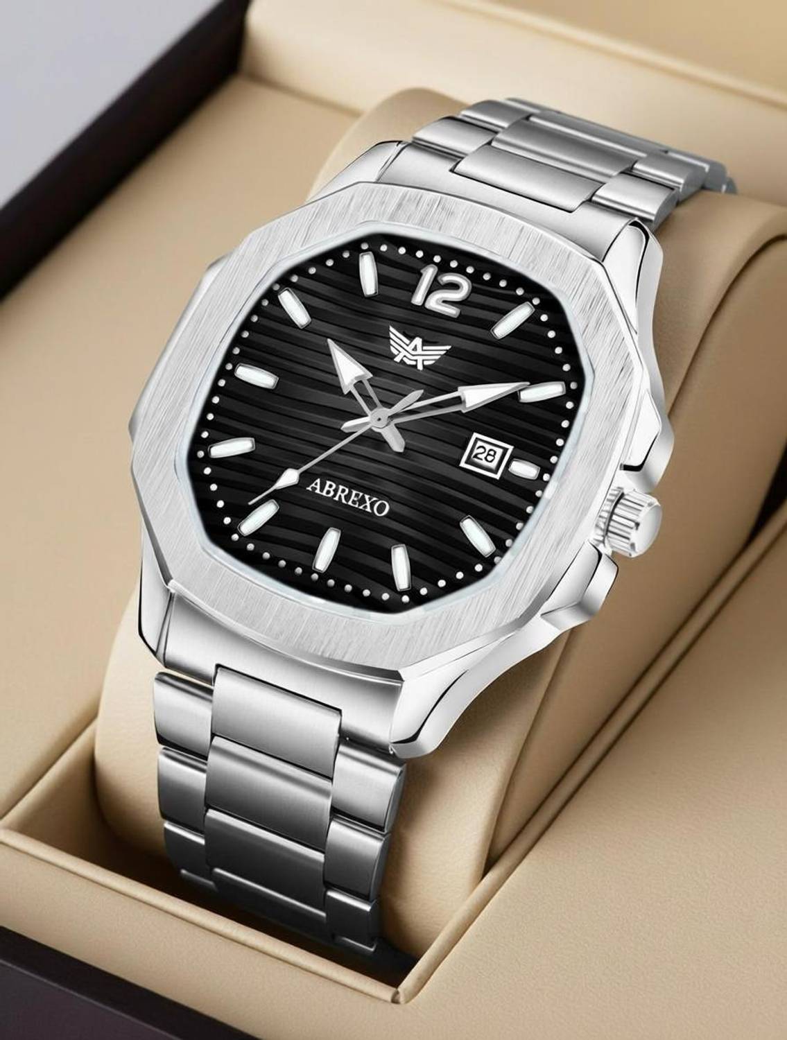 ABREXO Abx4569-Black Silver Nautilus Series Date Working Square Black Dial Silver Quartz Watch For Boys Analog Watch  - For Men price history chart and lowest price