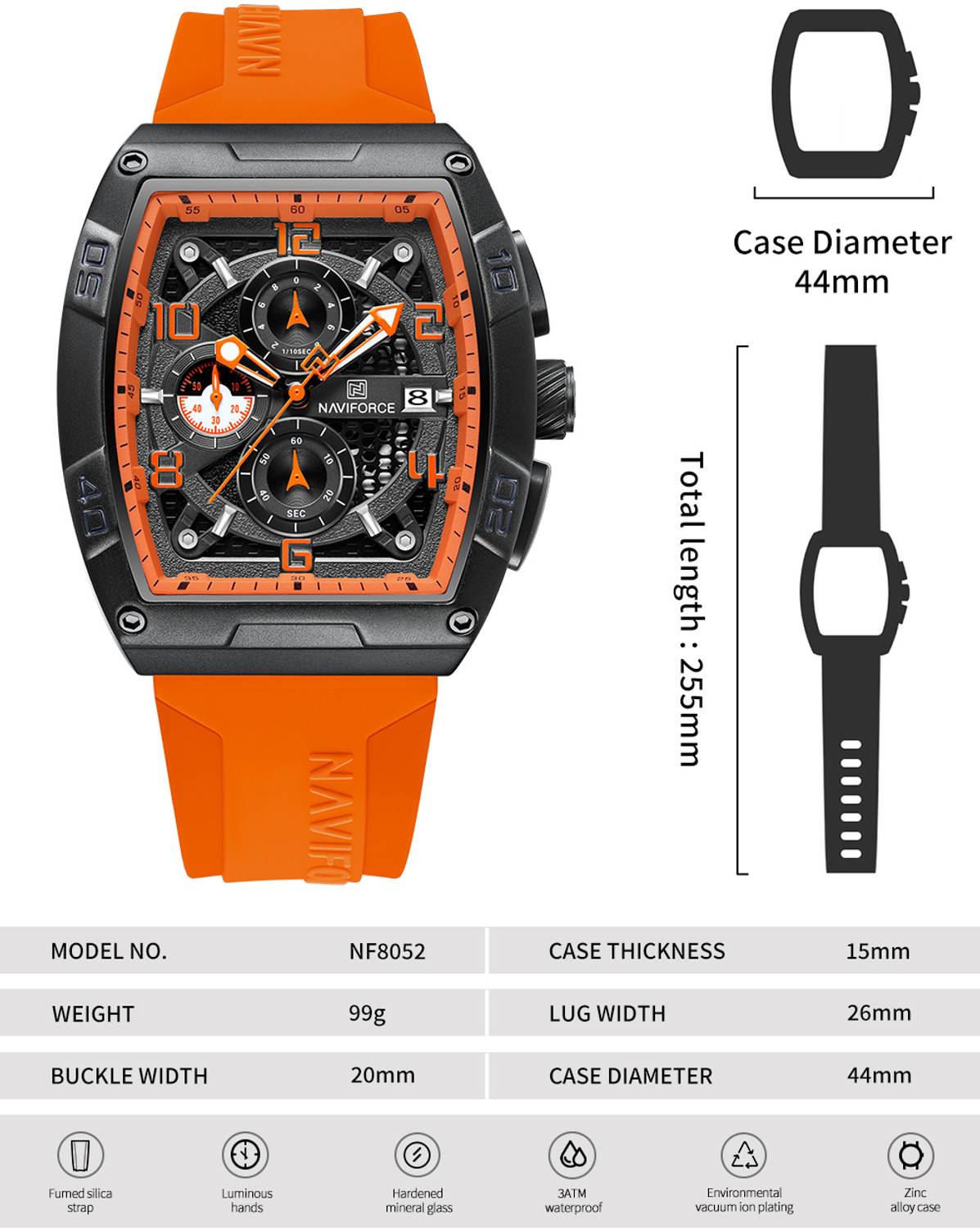 NAVIFORCE NF8052 Orange Luminous Chronograph Watch - Image 4