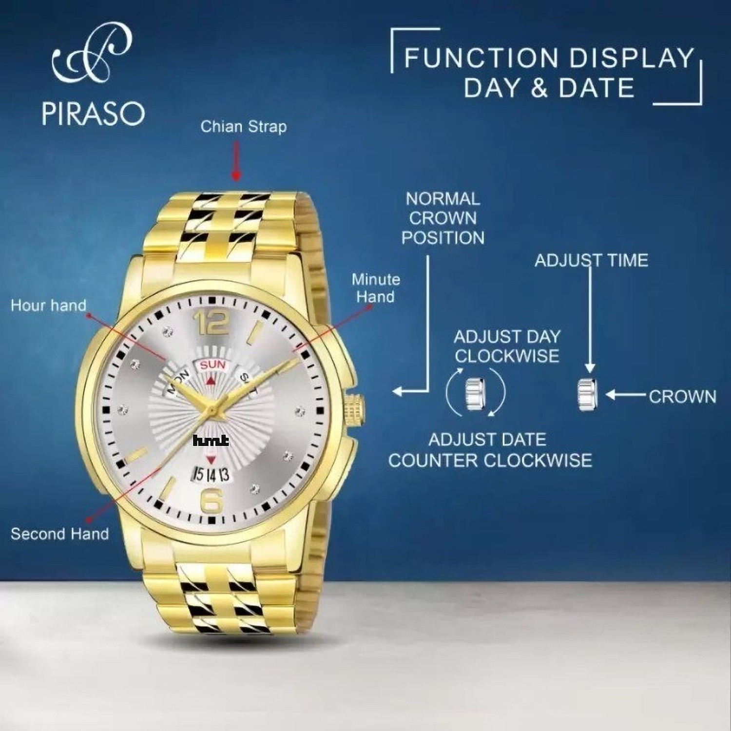 Image of HMT DLX Unique Analoge watch Series men and boys Analog Watch Date Functioning Sliver Dial Golden Chain Analog Watch - For Men
