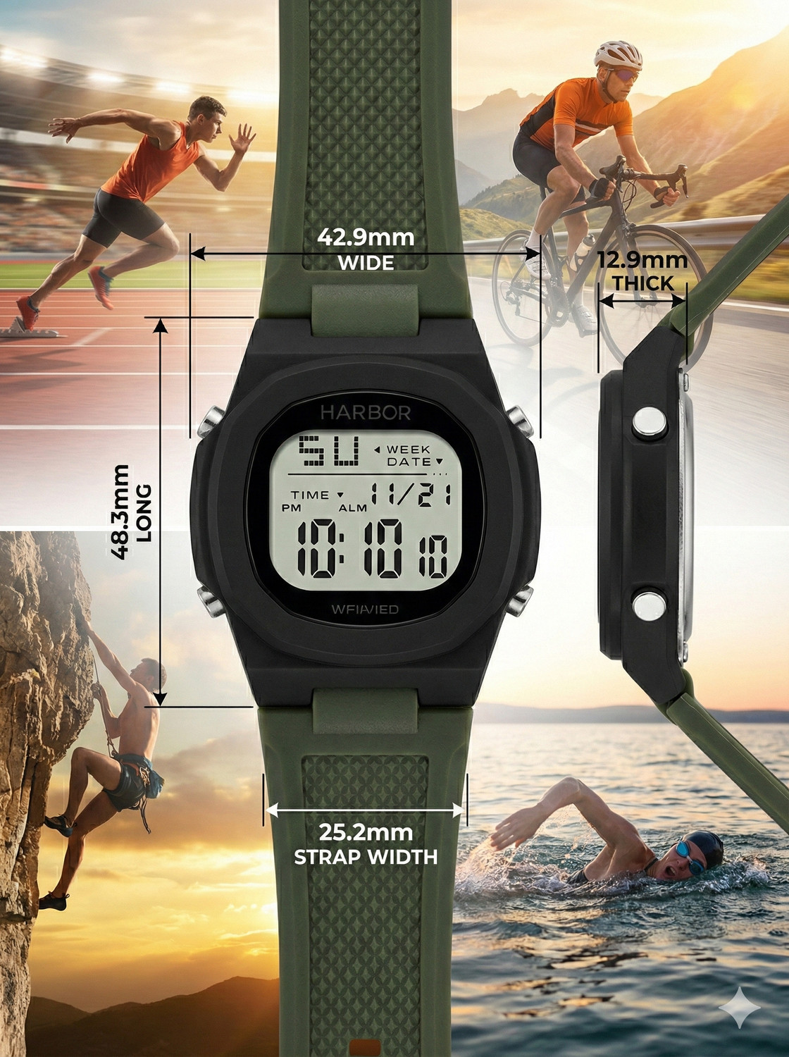 Image of Harbor 9147 Green sporty modern outdoor look with bold black case & green textured strap Watch Digital Watch - For Men