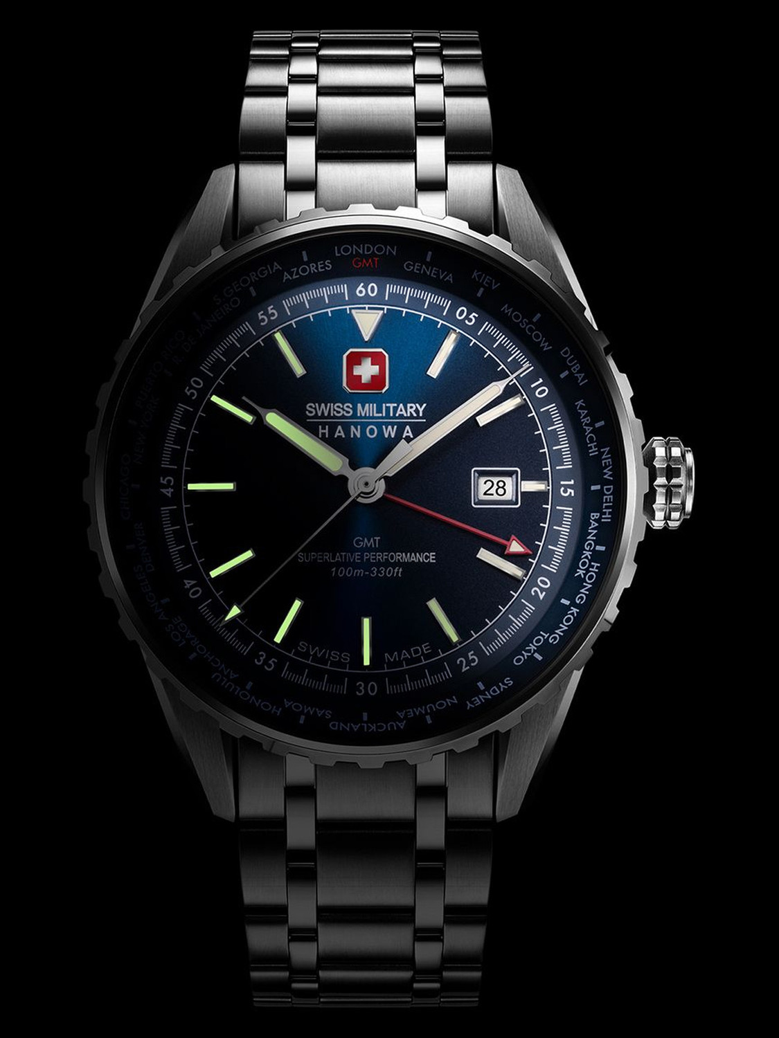 Image of Swiss Military Hanowa AFTERBURN GMT Water Resistant Dial 3 HAND Stainless Steel Strap Analog Watch - For Men