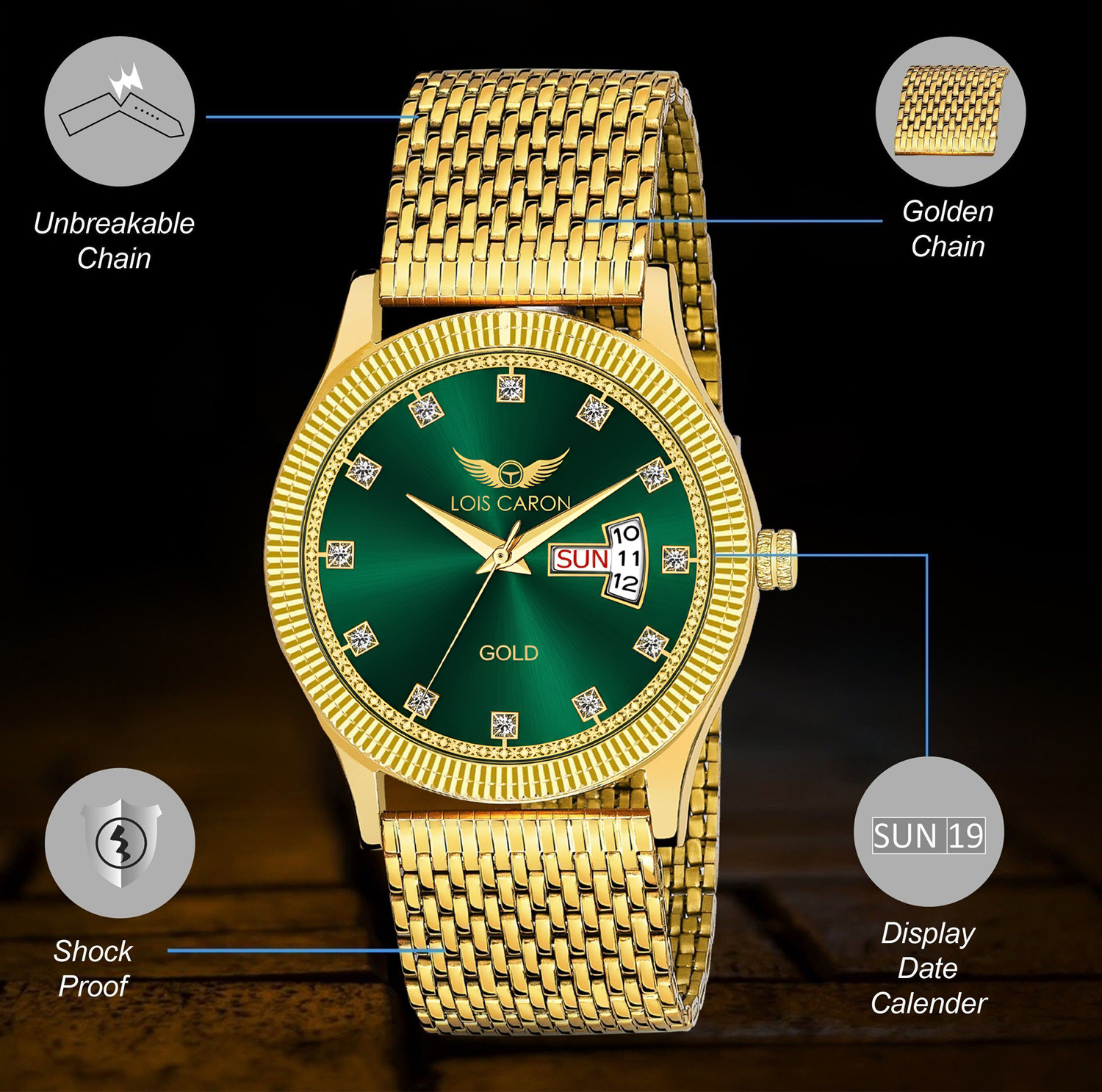 Image of LOIS CARON LCS-8650 Day & Date Original Gold-Plated Green Dial Stylish Diamond hour markers Analog Watch - For Men