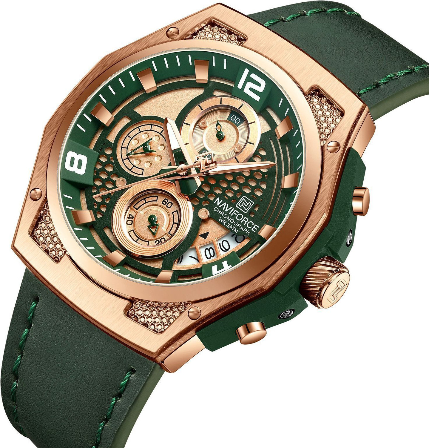 Image of NAVIFORCE NF8051L Distinctive and Elegant Rosegold and Green color Genuine Leather Analog Watch - For Men