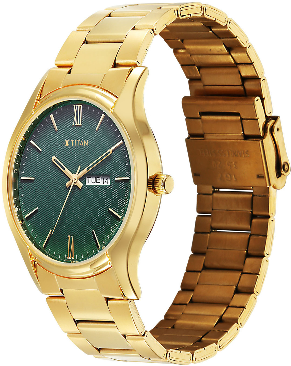 Image of Titan Karishma Gents Karishma Regal Day-Date Green Dial IPG Stainless SteelStarp Analog Watch - For Men