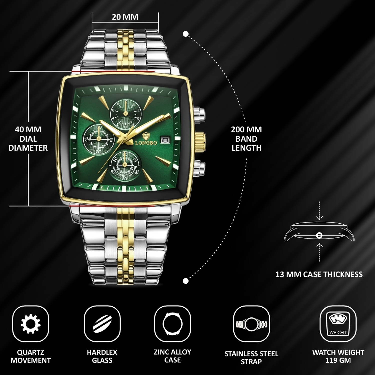Image of Longbo Men's watch, Analog watch, Black dial watch, Stainless steel watch Elevate 83826 Chronograph Watch with Refined Square Dial Analog Watch - For Men