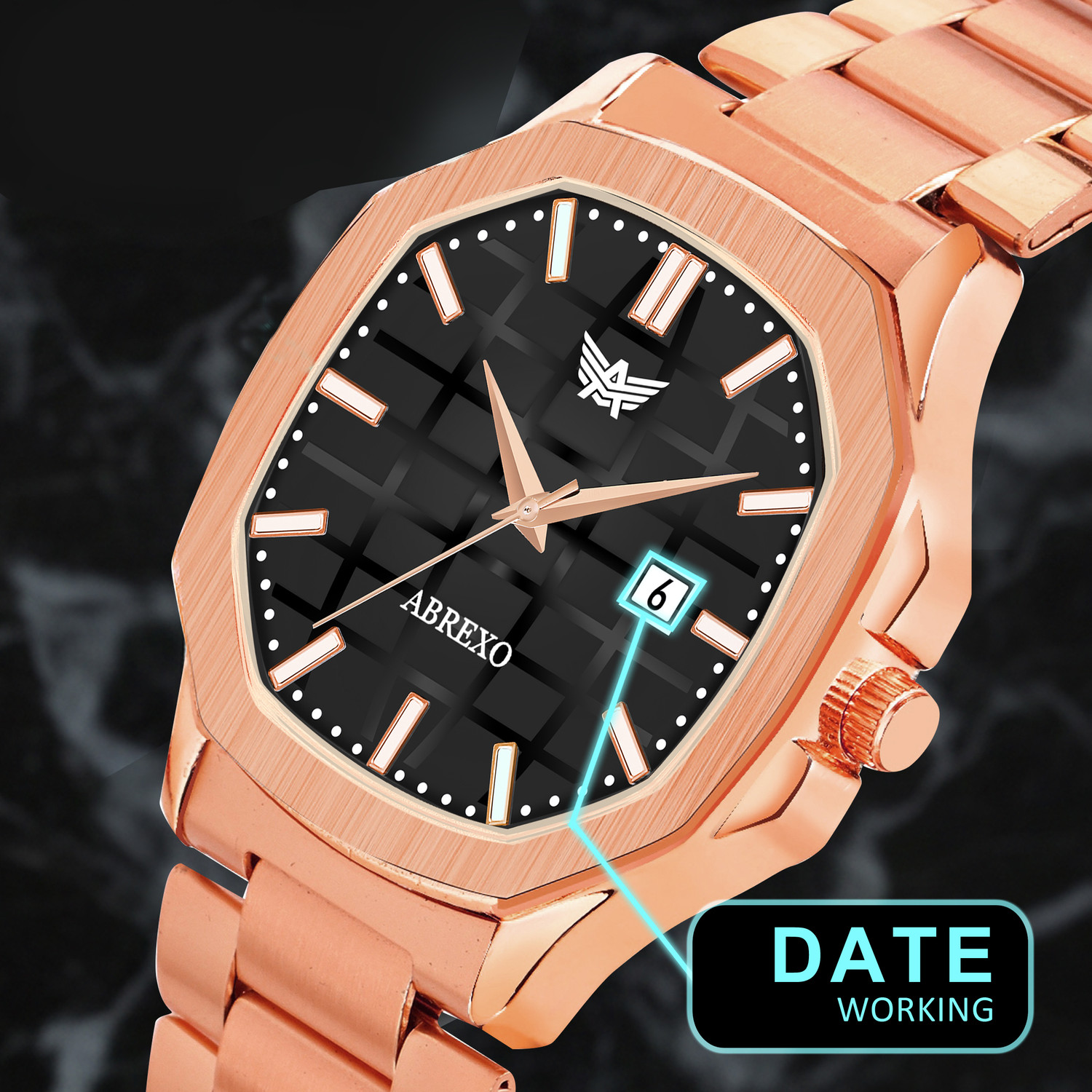 Image of ABREXO Abx8212 BK RG Bracelet Watch Premium Black Dial Date Working Rosegold Stainless Steel Quartz Watch For Boys Analog Watch - For Men