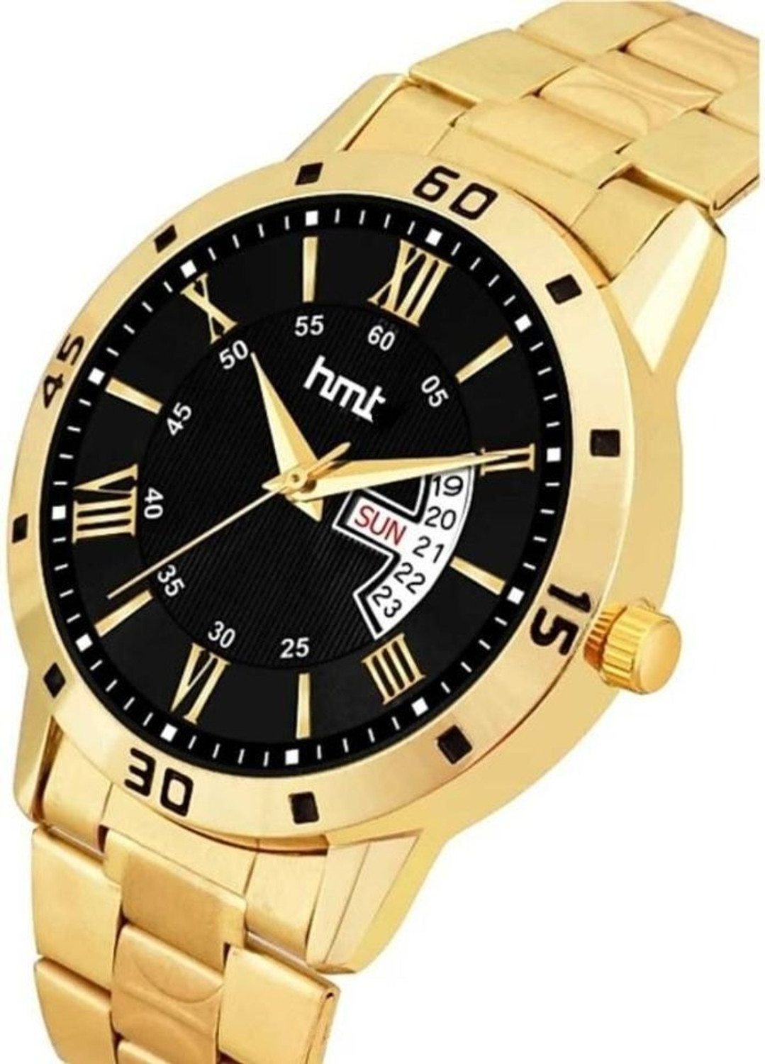Image of HMT DLX GP Black Roman Golden Black Roman Dail GP With Day & Date Feature Analog Watch - For Men