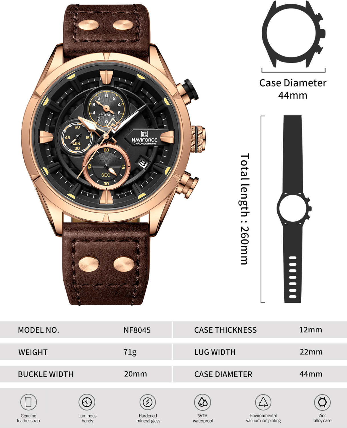 Image of NAVIFORCE 8045 Bold rosegold and brown color carbon fiber crafted dial design with chronograph Analog Watch - For Men