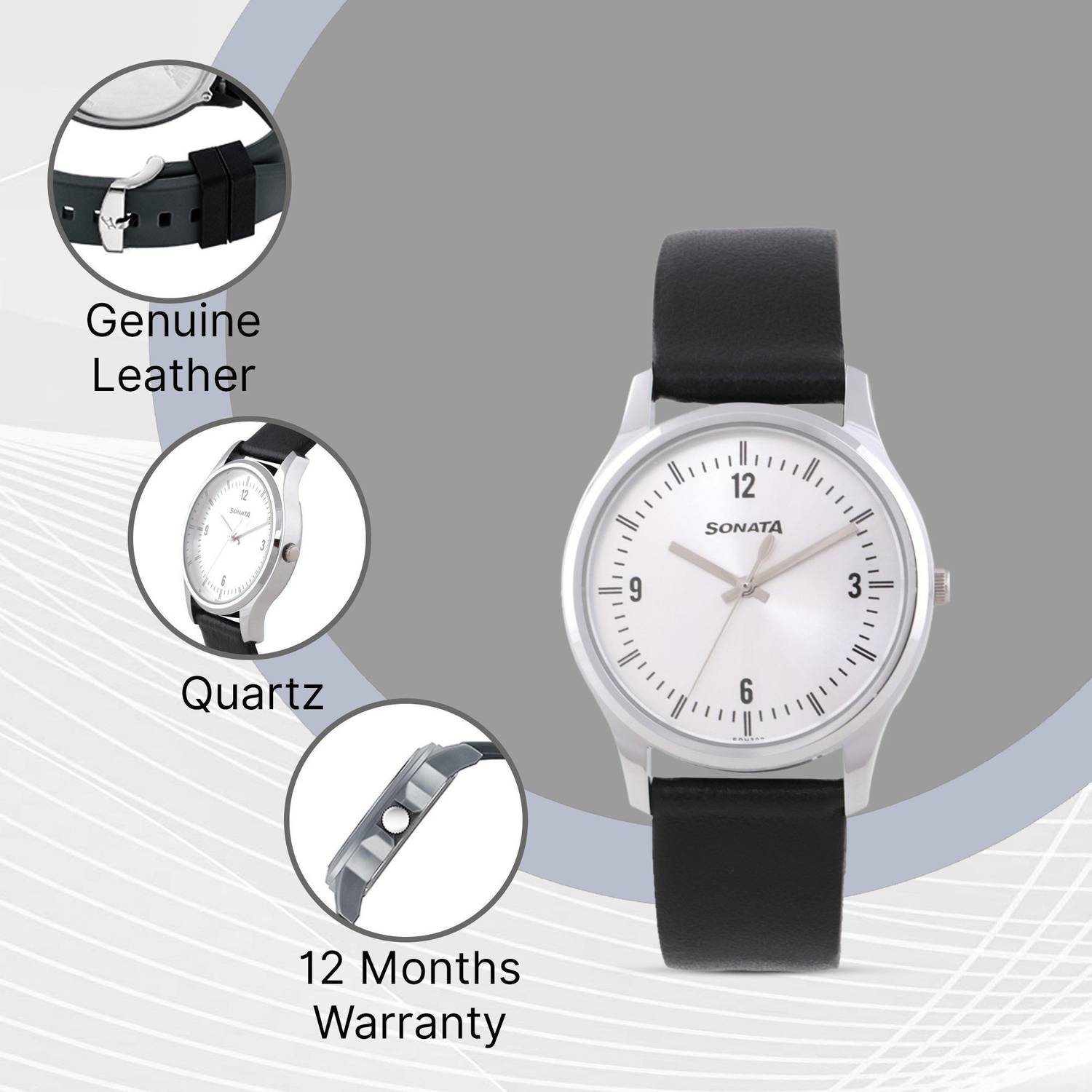 Sonata Essentials Silver Dial Black Leather Strap Analog Watch - Image 3