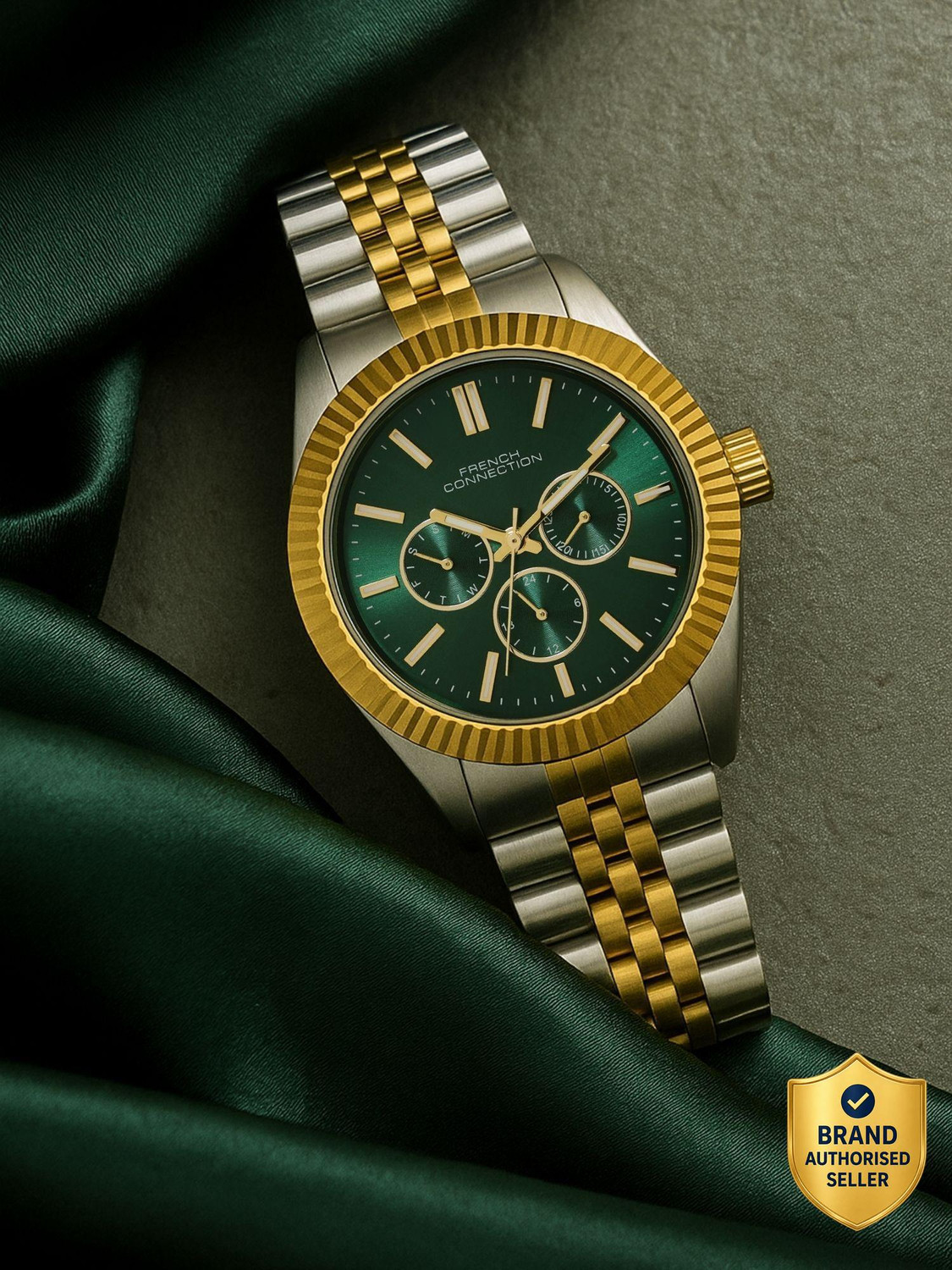 Image of French Connection FUNCTIQ Green Sunray Round Dial | Men's Multifunction Gold Watch Analog Watch - For Men