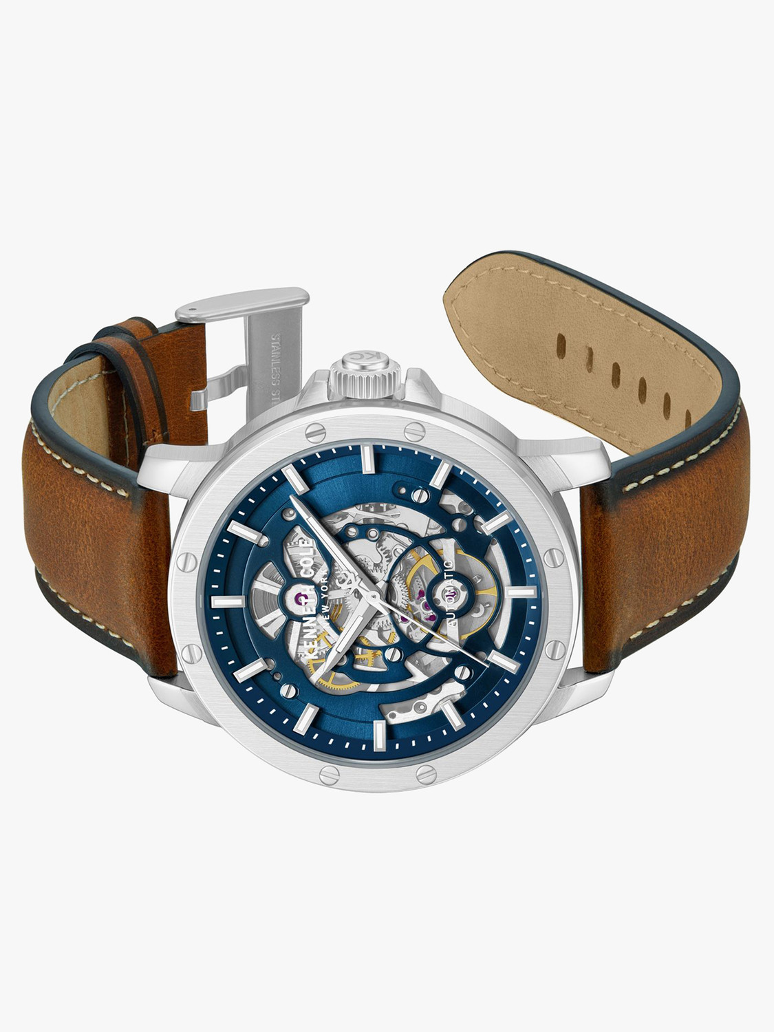 Image of Kenneth Cole Automatic Blue Dial Tan Genuine Leather Strap Analog Watch - For Men KCWGX0088905MN,KCWGX0088905MNW