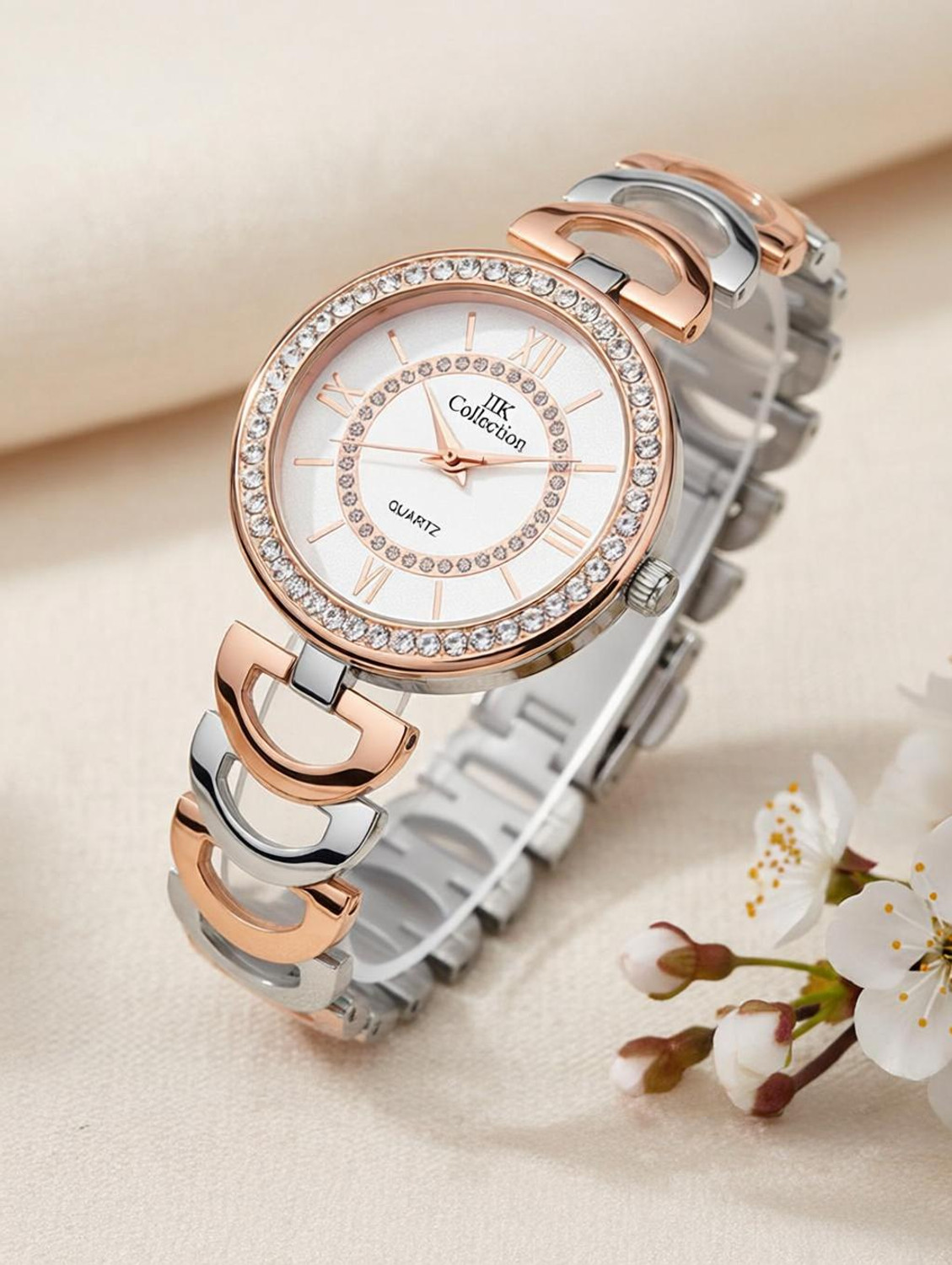 IIK Collection IIK-3095W Women Watches White Dial With Silver & RoseGold Bracelet Strap Girls Analog Watch  - For Women