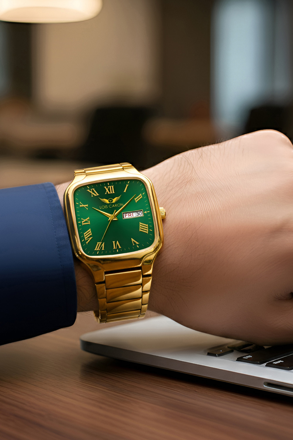 Image of LOIS CARON LCS-8641 Square roman number golden watch || Day & Date Function || elegant wrist watch Analog Watch - For Men