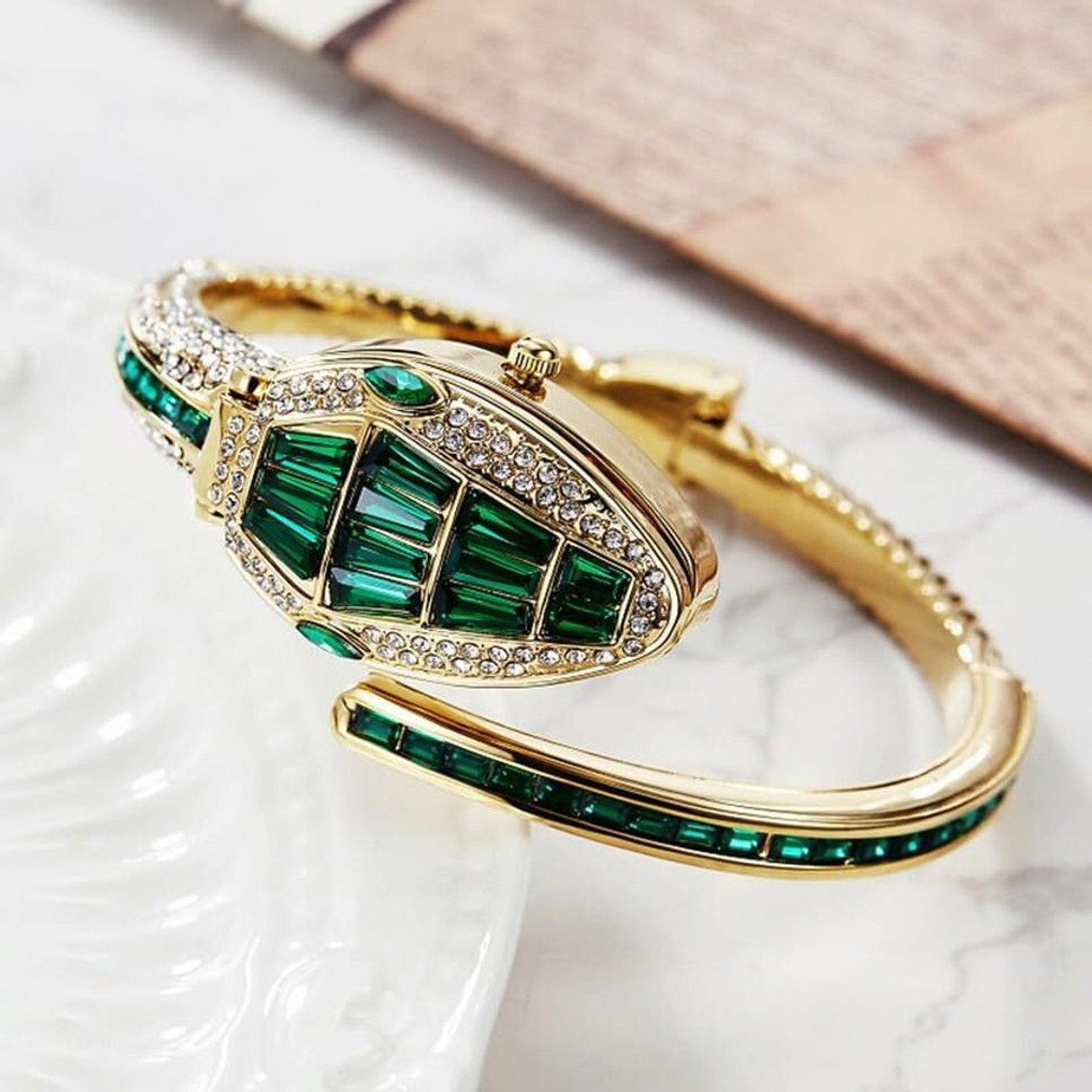 Image of Treviyaa VINTAGE Luxury Snake Watch for Women Gold Plated Bracelet with Green Crystal Dial Analog Watch - For Women