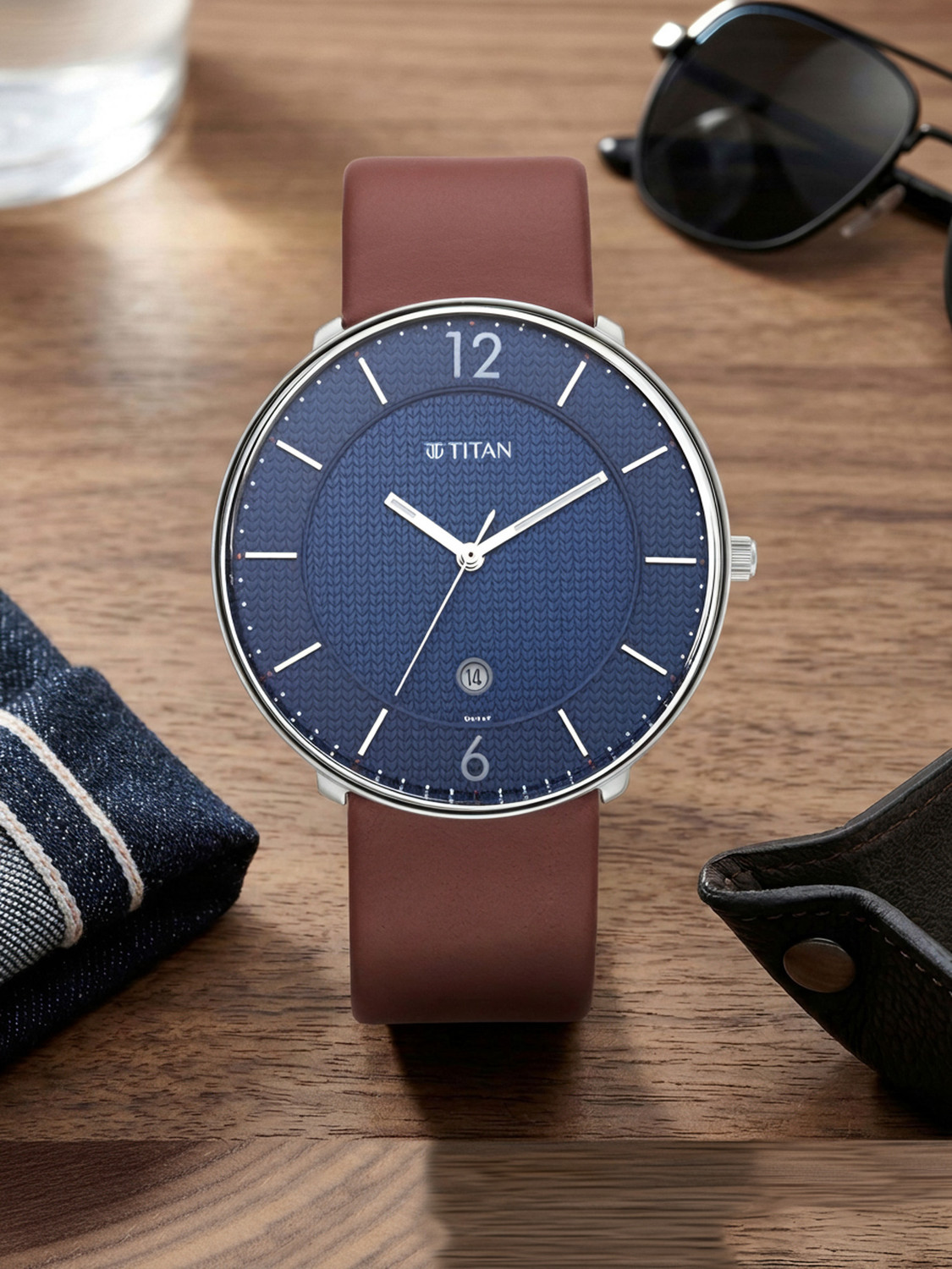 Image of Titan Minimals With Date Blue Dial Brown LeatherStrap Analog Watch - For Men NS1849SL03,1791118,1849SL03