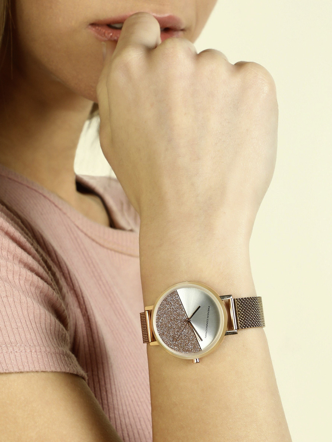 Image of French Connection Women's Analog Rose Gold Watch | Silver Sunray Round Dial Analog Watch - For Women