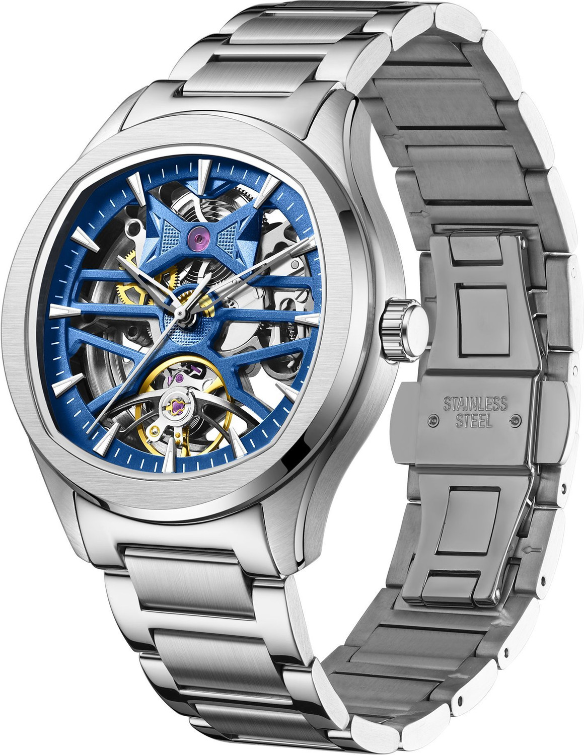 Image of Alix AL2924S Blue Skeleton Dial With Silver Stainless Steel Strap Analog Watch - For Men