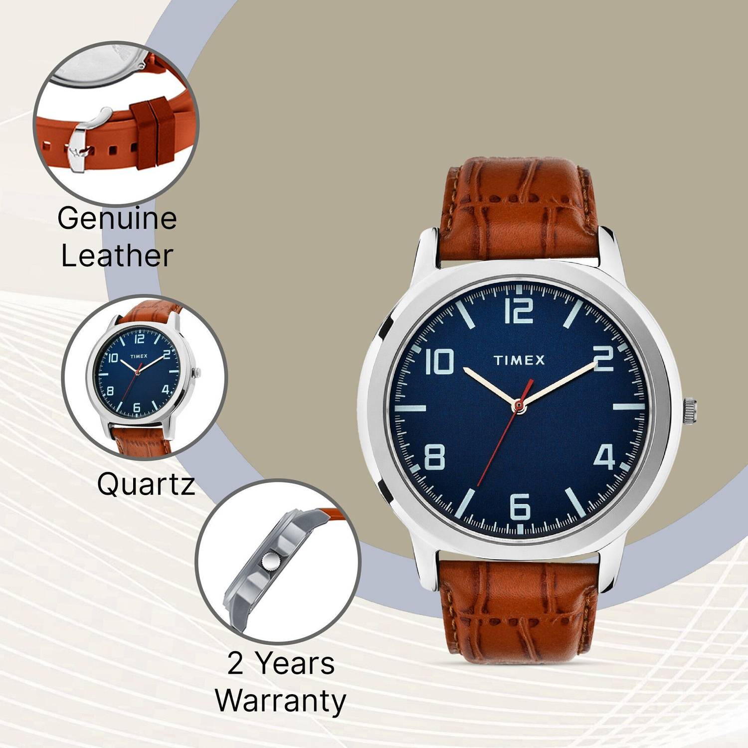 TIMEX Navy Dial Leather Strap Analog Watch - Blue - Image 3