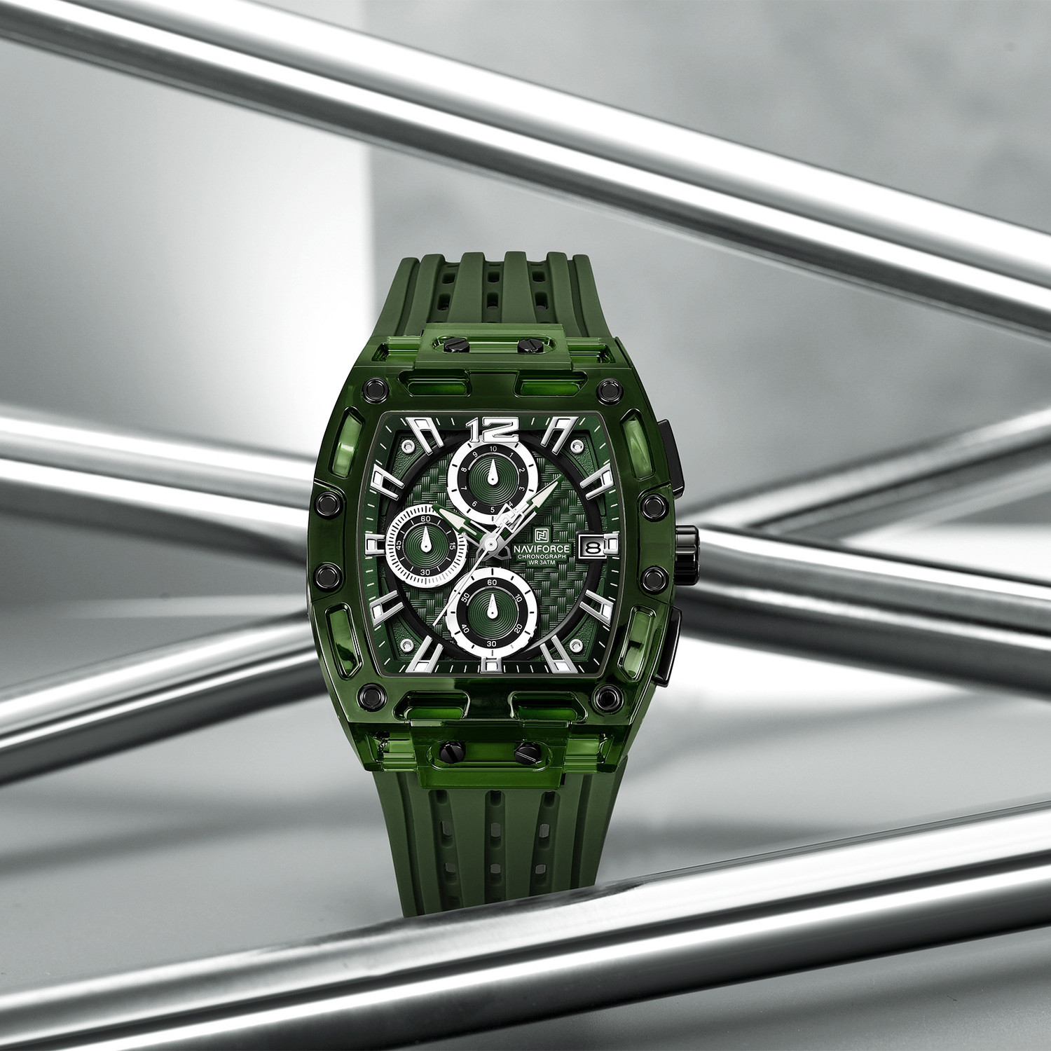 Image of NAVIFORCE NF7105 Distinctive tonneau-shaped case With Green silicone strap Analog Watch - For Men
