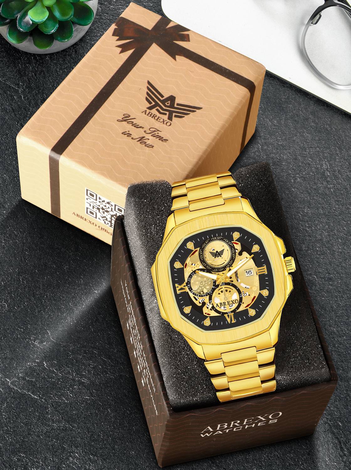 ABREXO Abx8314-Golden Bracelet GODFATHER Square Chrono Look Golden