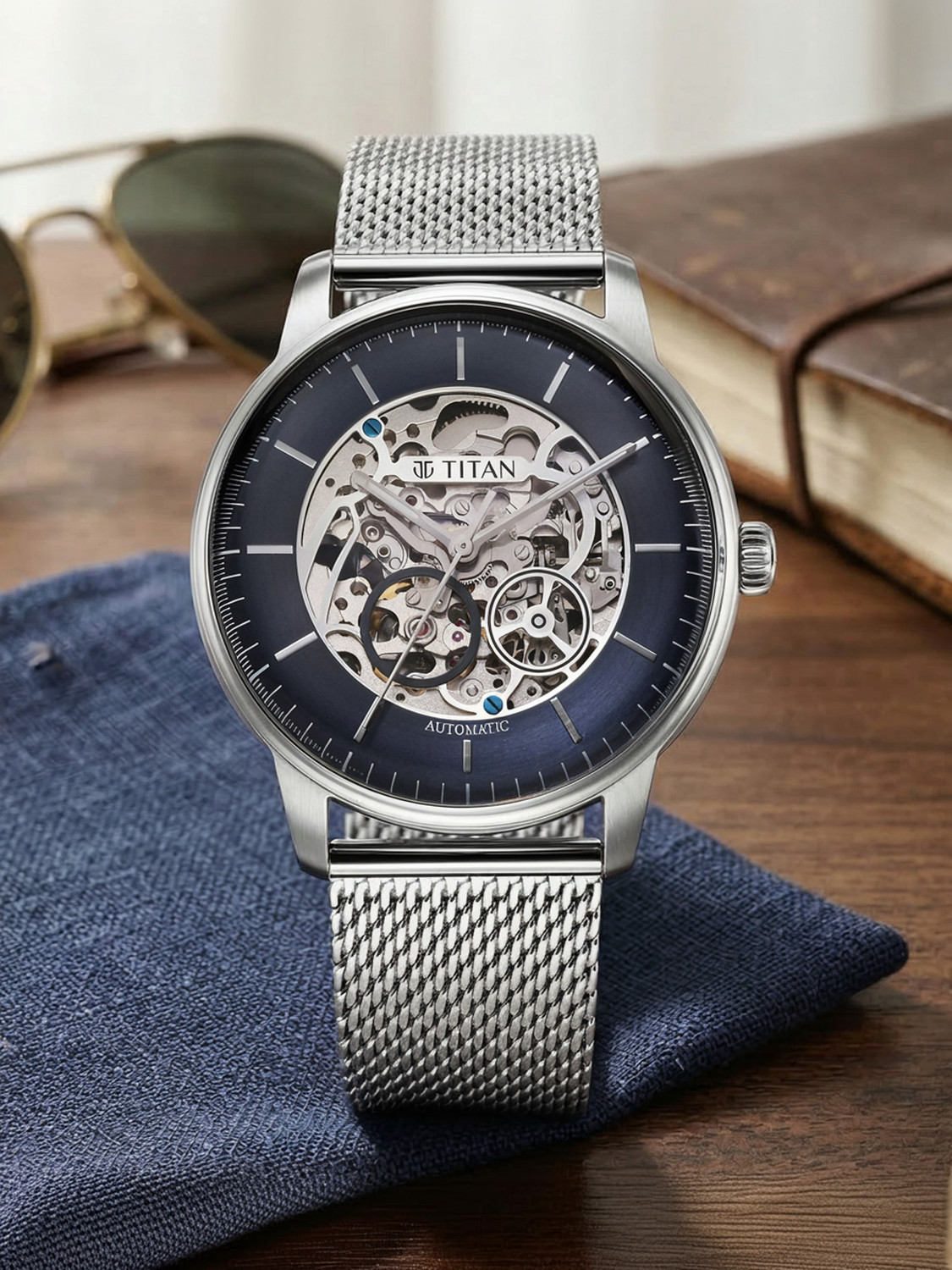Image of Titan Mechanical Automatic Titan Automatic Dark Blue Dial Silver Metal Strap Analog Watch - For Men